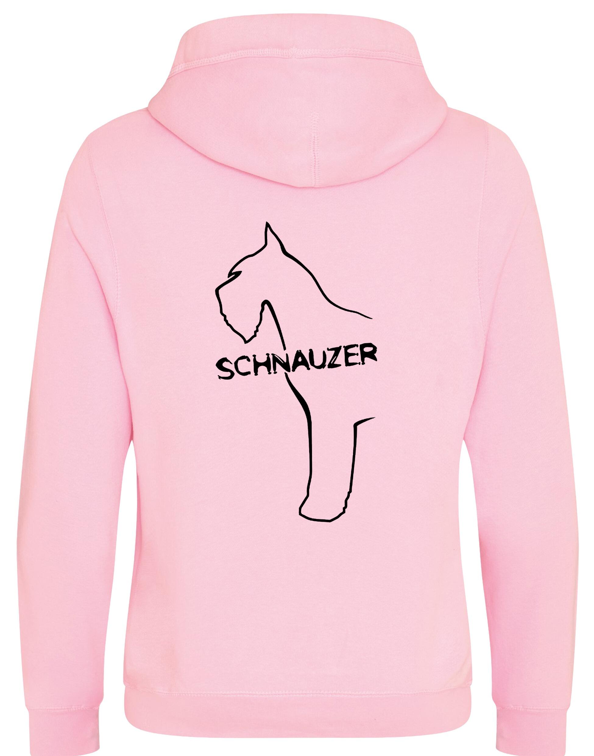 Schnauzer Unisex Crossneck Pullover Hoodie featuring exclusive breed artwork on the back, kangaroo pocket, ribbed cuffs, and brushed fleece lining for extra warmth and comfort. Ideal for Schnauzer enthusiasts and outdoor activities.