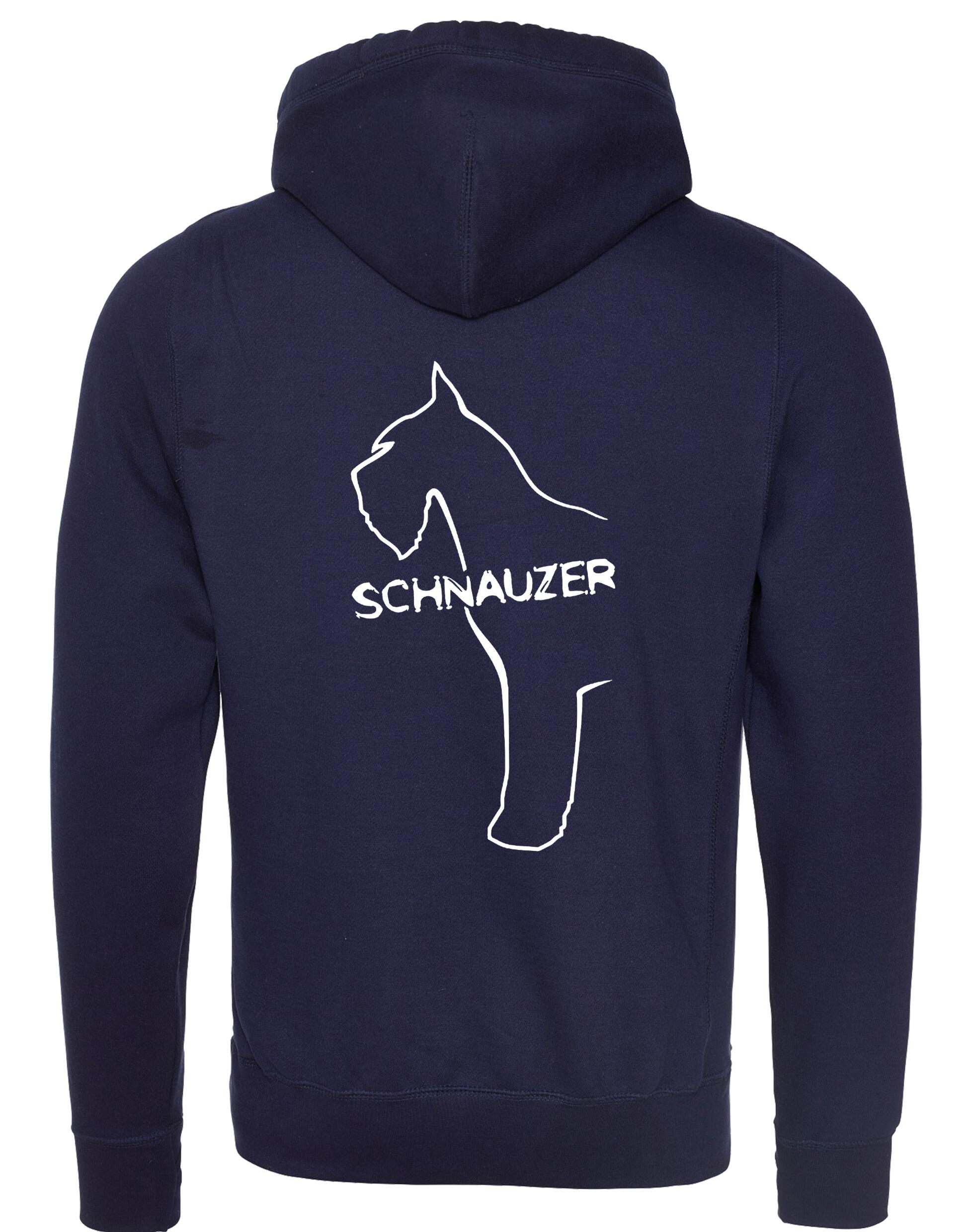 Schnauzer Unisex Crossneck Pullover Hoodie featuring exclusive breed artwork on the back, kangaroo pocket, ribbed cuffs, and brushed fleece lining for extra warmth and comfort. Ideal for Schnauzer enthusiasts and outdoor activities.