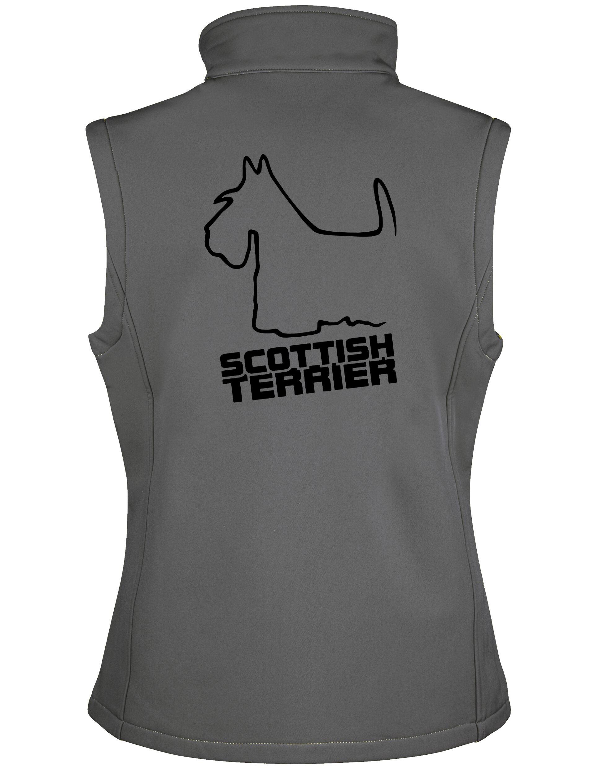 Scottish Terrier Unisex Softshell Gilet with breed artwork, water-resistant fabric, fleece lining, and unisex fit.