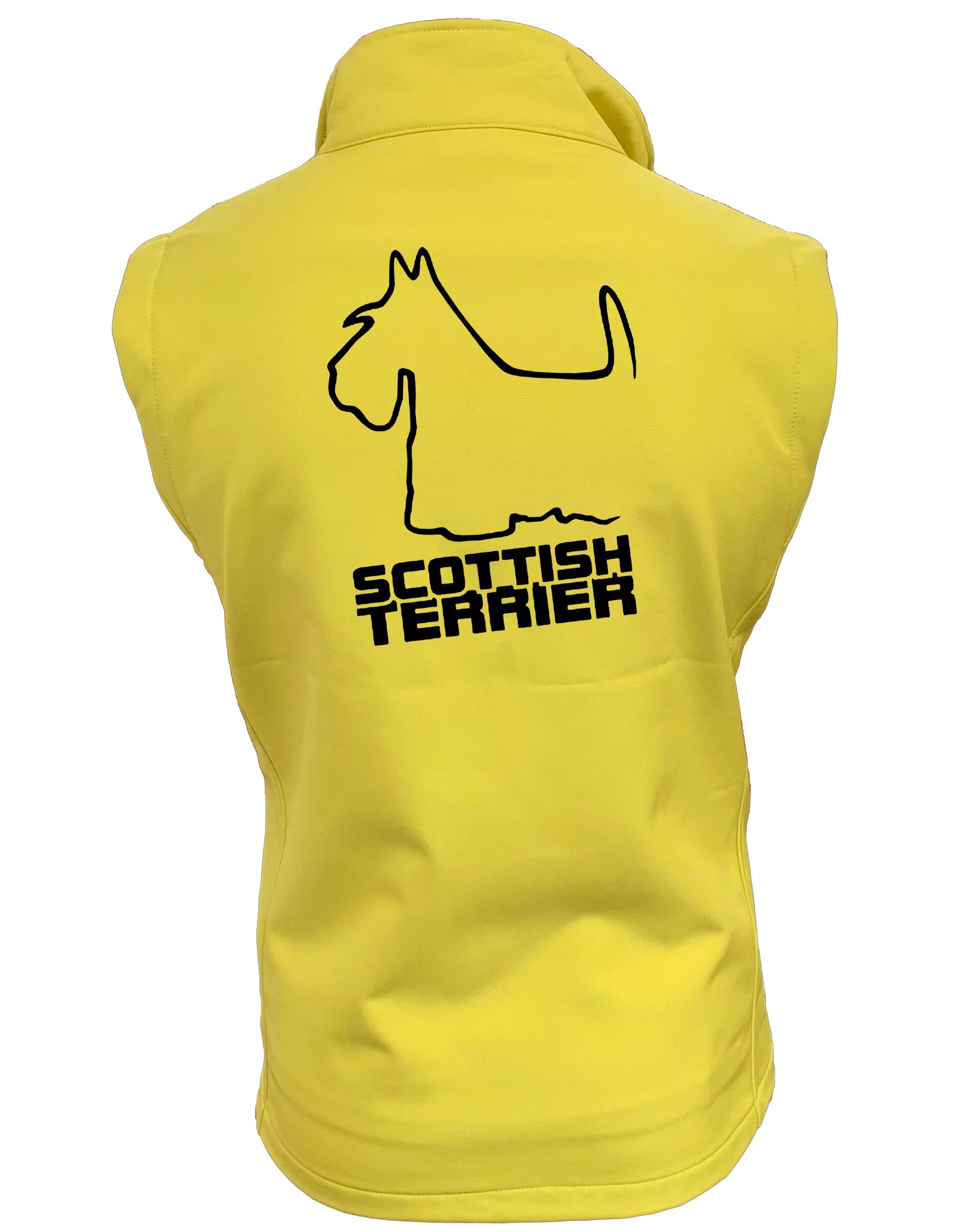 Scottish Terrier Unisex Softshell Gilet with breed artwork, water-resistant fabric, fleece lining, and unisex fit.