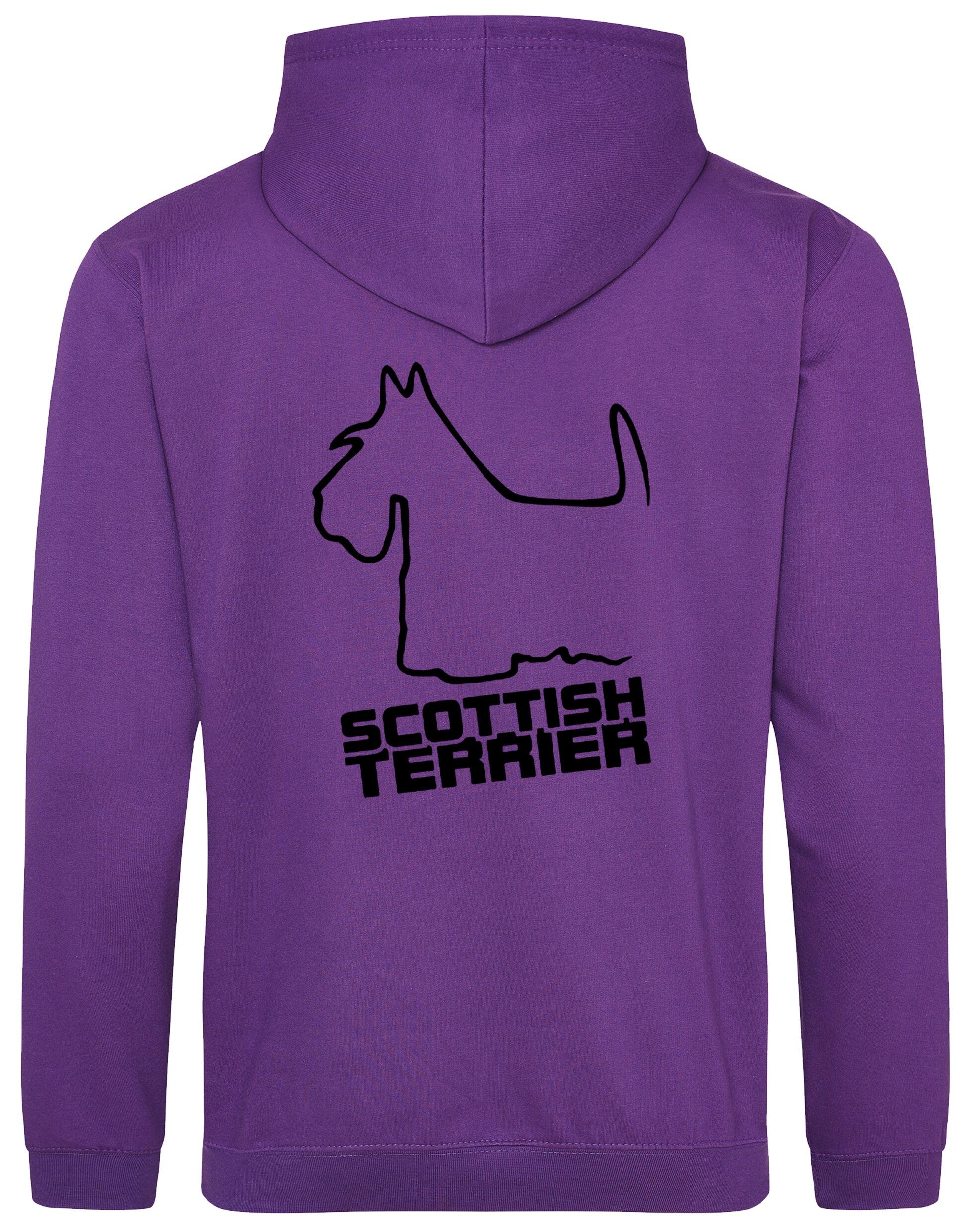 Scottish Terrier Design Pullover Hoodie with exclusive artwork, heavy-blend fabric, double-fabric hood, and paw print detail.