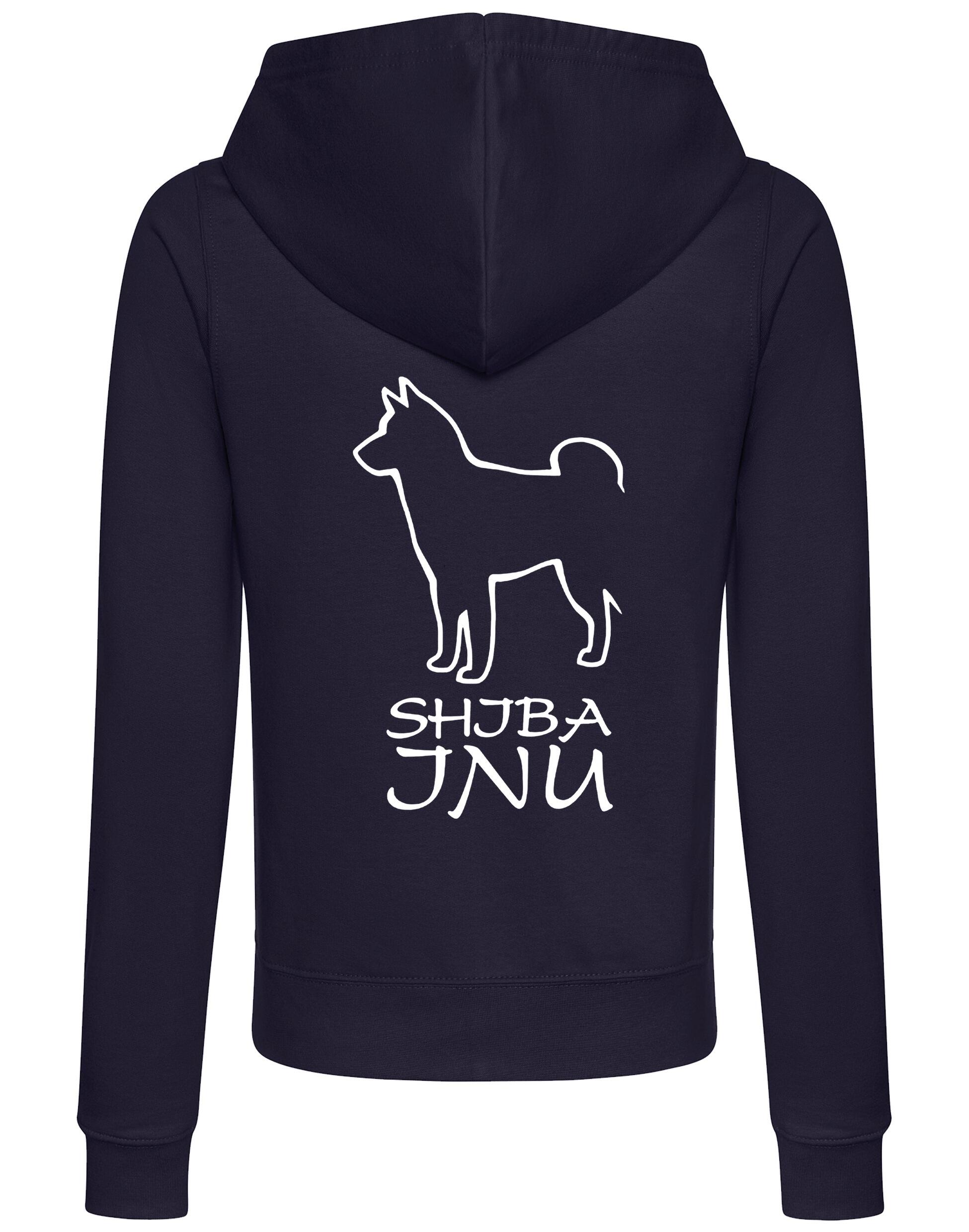 Women’s zipped hoodie with exclusive Shiba Inu artwork on the back, featuring a tailored feminine fit, cozy hood, and front pockets – perfect for stylish comfort and dog breed pride.