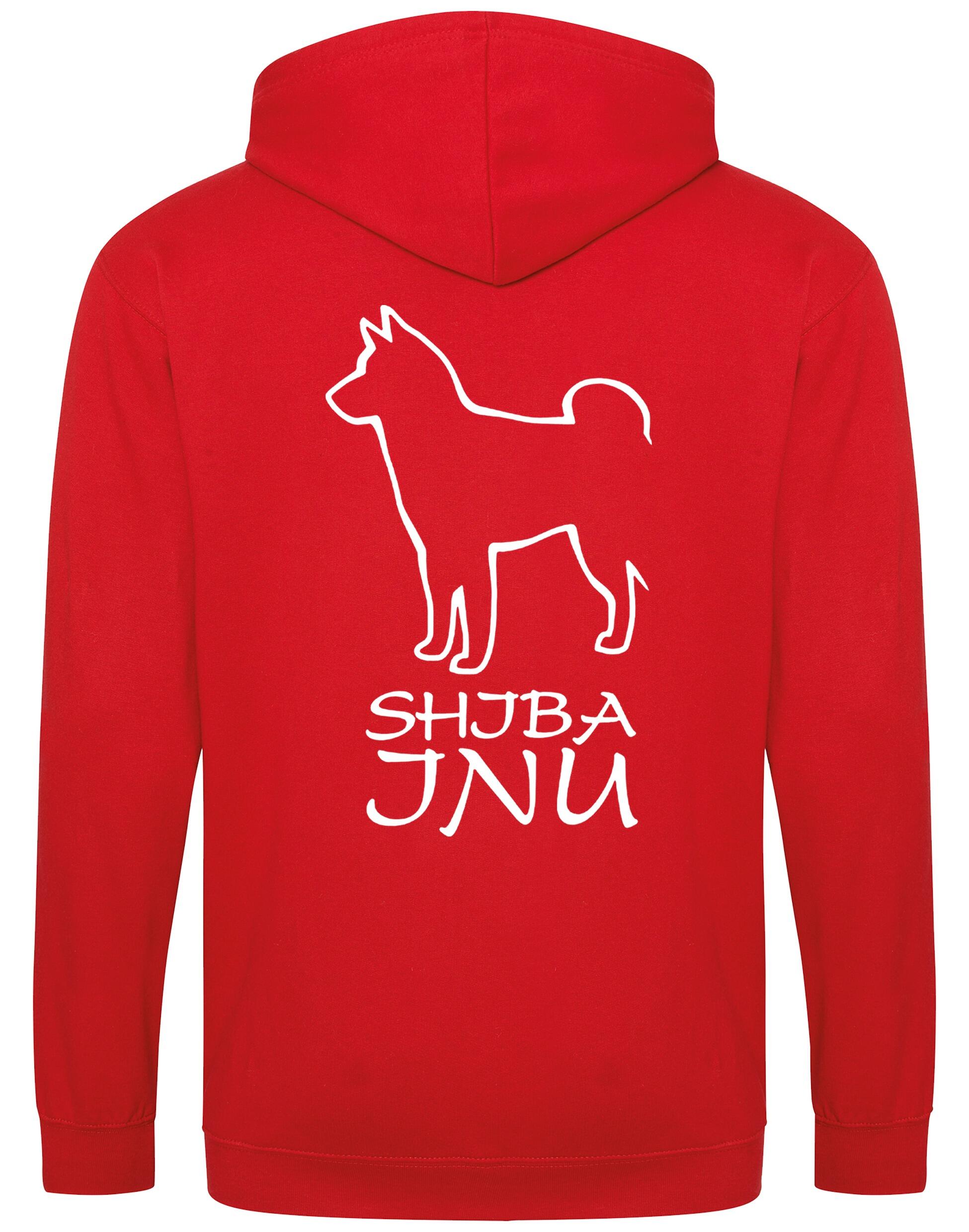 Unisex zipped hoodie featuring exclusive Shiba Inu artwork on the back, paw prints on the front, full-length zip, cozy brushed fleece lining, and front pockets – ideal for breed enthusiasts.