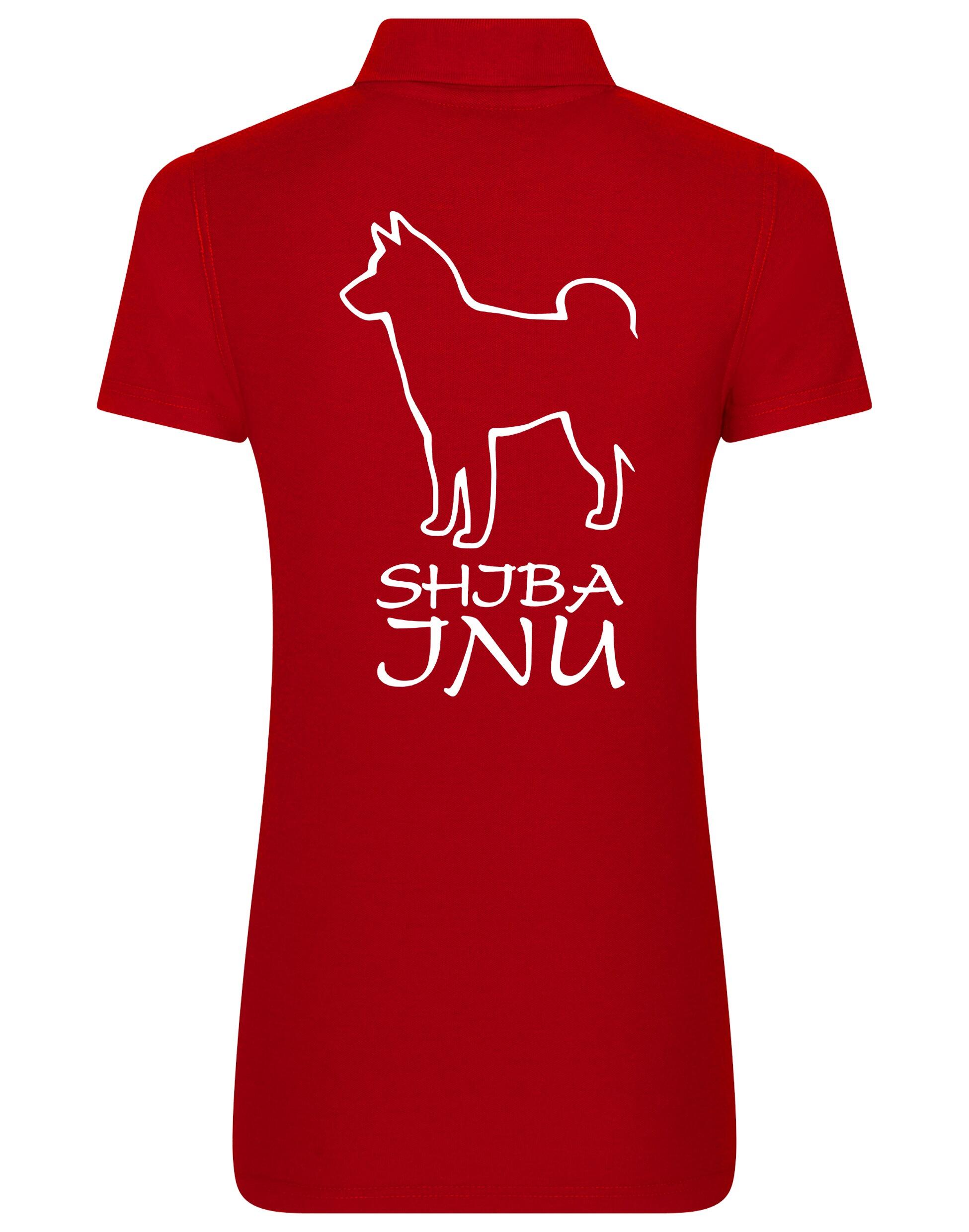 Women's cotton polo shirt featuring exclusive Shiba Inu artwork on the back, designed with a flattering feminine fit and breathable fabric, ideal for casual outings and breed events.