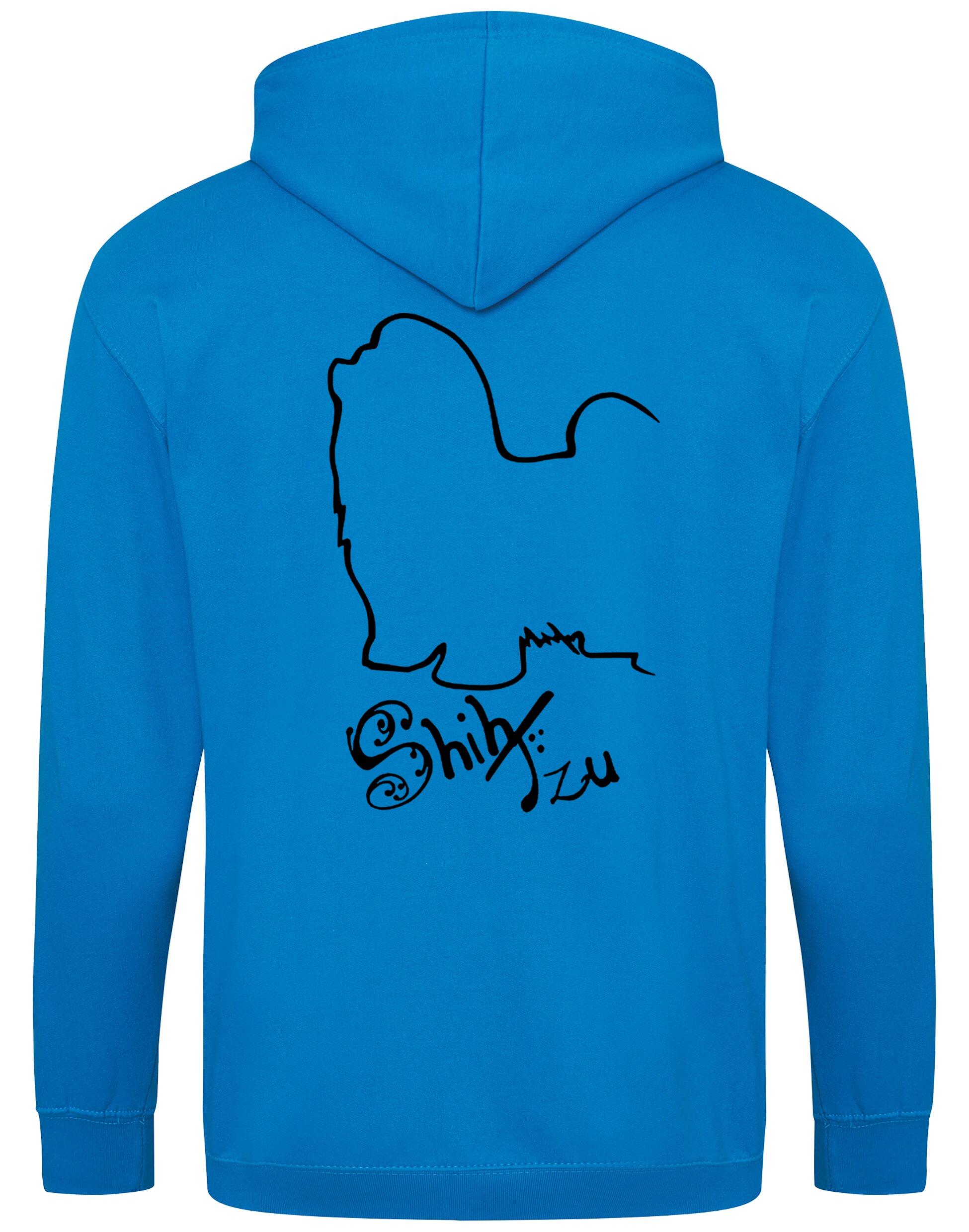 Shih Tzu zipped hoodie with paw prints on the front and detailed breed design on the back, full-zip style with hood and pockets, perfect for breed lovers.