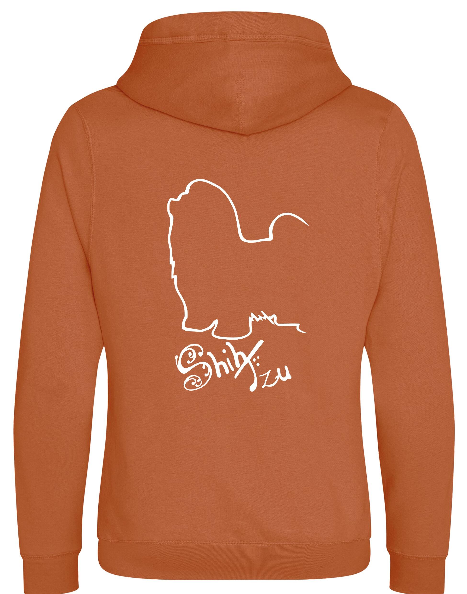 Unisex Shih Tzu crossneck hoodie with fleece lining and detailed breed design on the back, featuring kangaroo pocket and modern collar style.