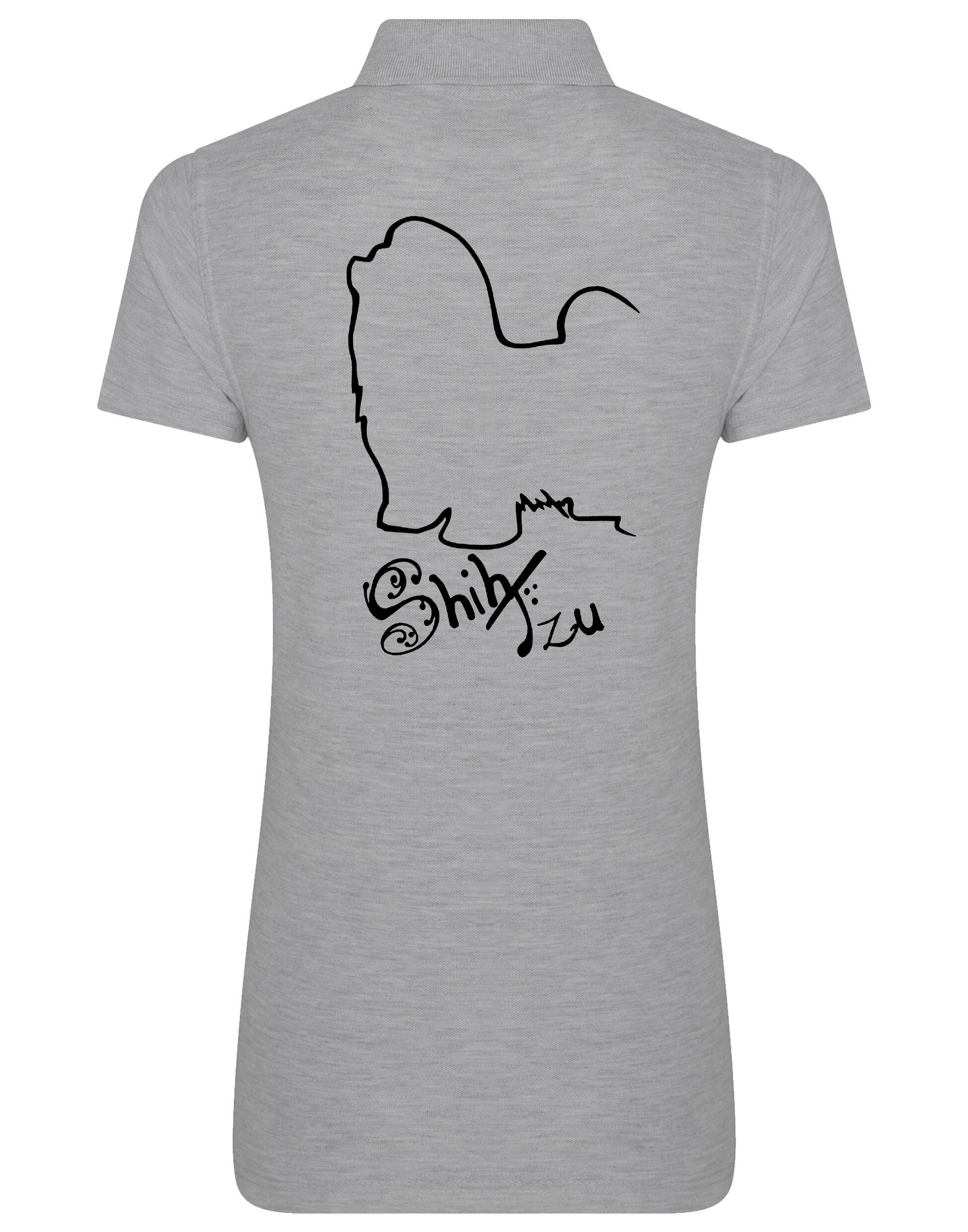 Women’s cotton polo shirt featuring exclusive Shih Tzu artwork on the back, with a flattering feminine fit, breathable fabric, and classic collar—ideal for casual wear or dog events.