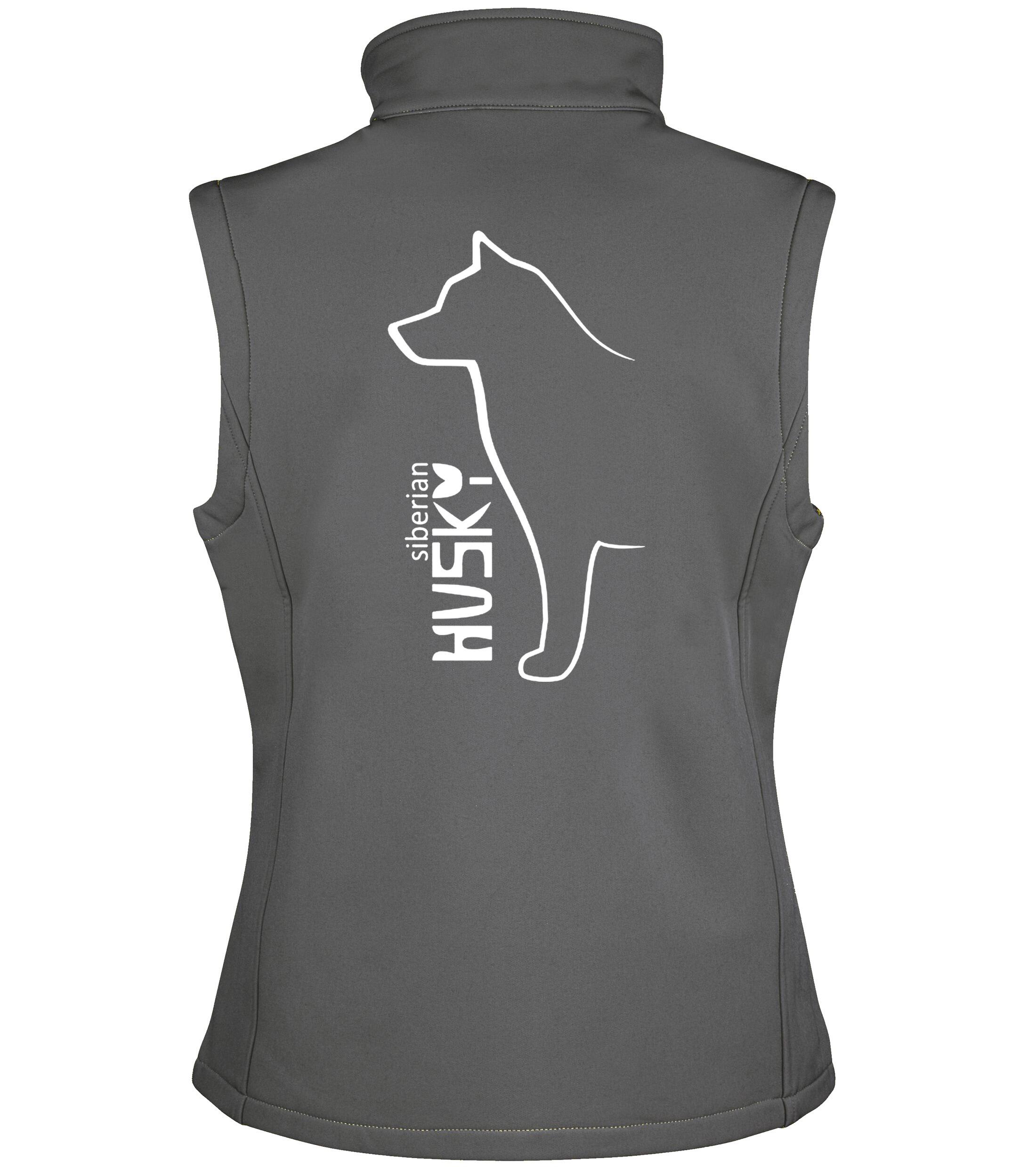 Unisex softshell gilet featuring exclusive Siberian Husky design on the back; fleece-lined, water-resistant, and lightweight with full zip front and side pockets—ideal for dog walking and outdoor adventures.