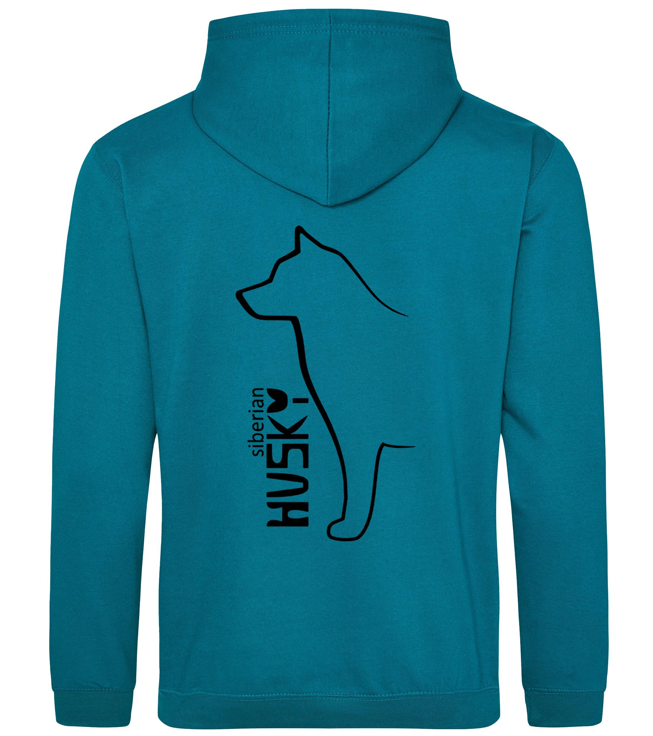 Unisex pullover hoodie featuring a detailed Siberian Husky design on the back with paw prints on the front, brushed fleece interior, double-fabric hood, and kangaroo pocket – ideal for dog walks, events, or lounging in style.