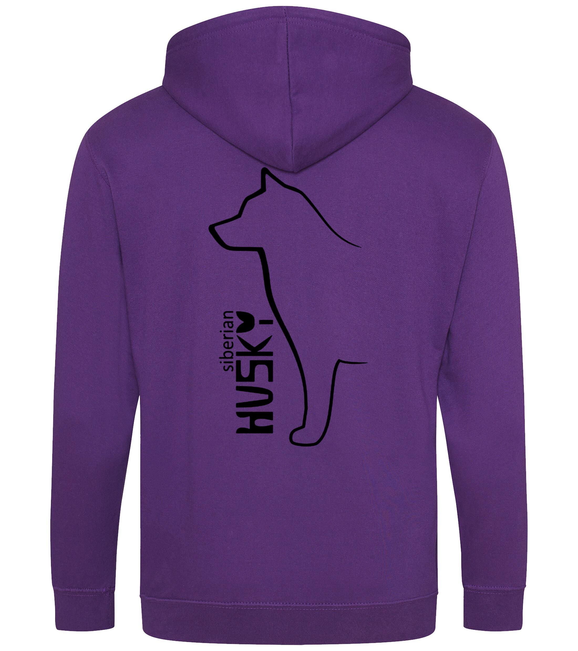 Unisex zipped hoodie featuring exclusive Siberian Husky artwork on the back and paw prints on the front, with a full-zip front, double-fabric hood, and cozy brushed fleece lining—ideal for Husky lovers seeking warmth and style.