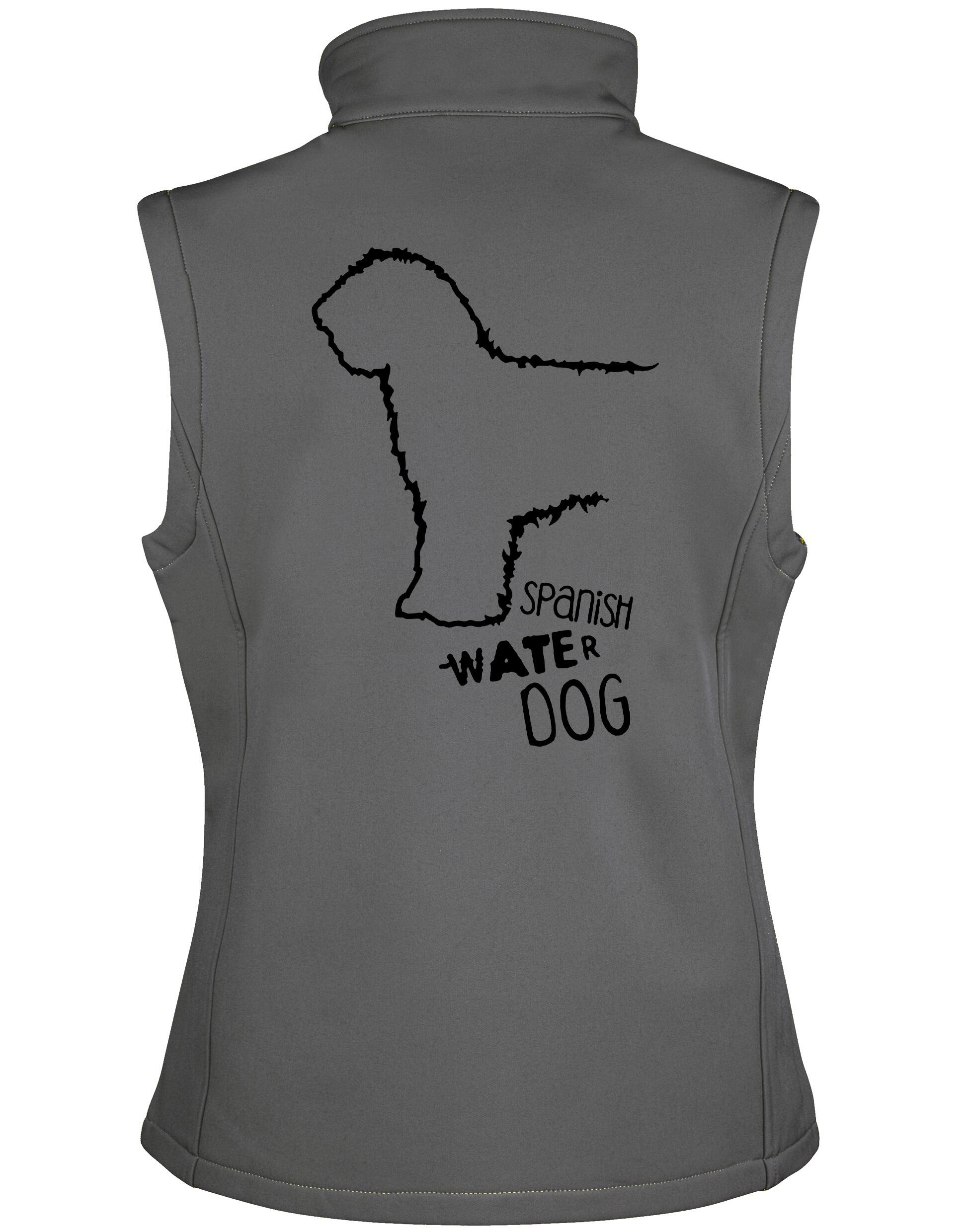 Unisex softshell gilet with Spanish Water Dog design on the back. Features water-resistant fabric, fleece lining, full-zip front, and side pockets—ideal for outdoor walks, breed events, or everyday layering.