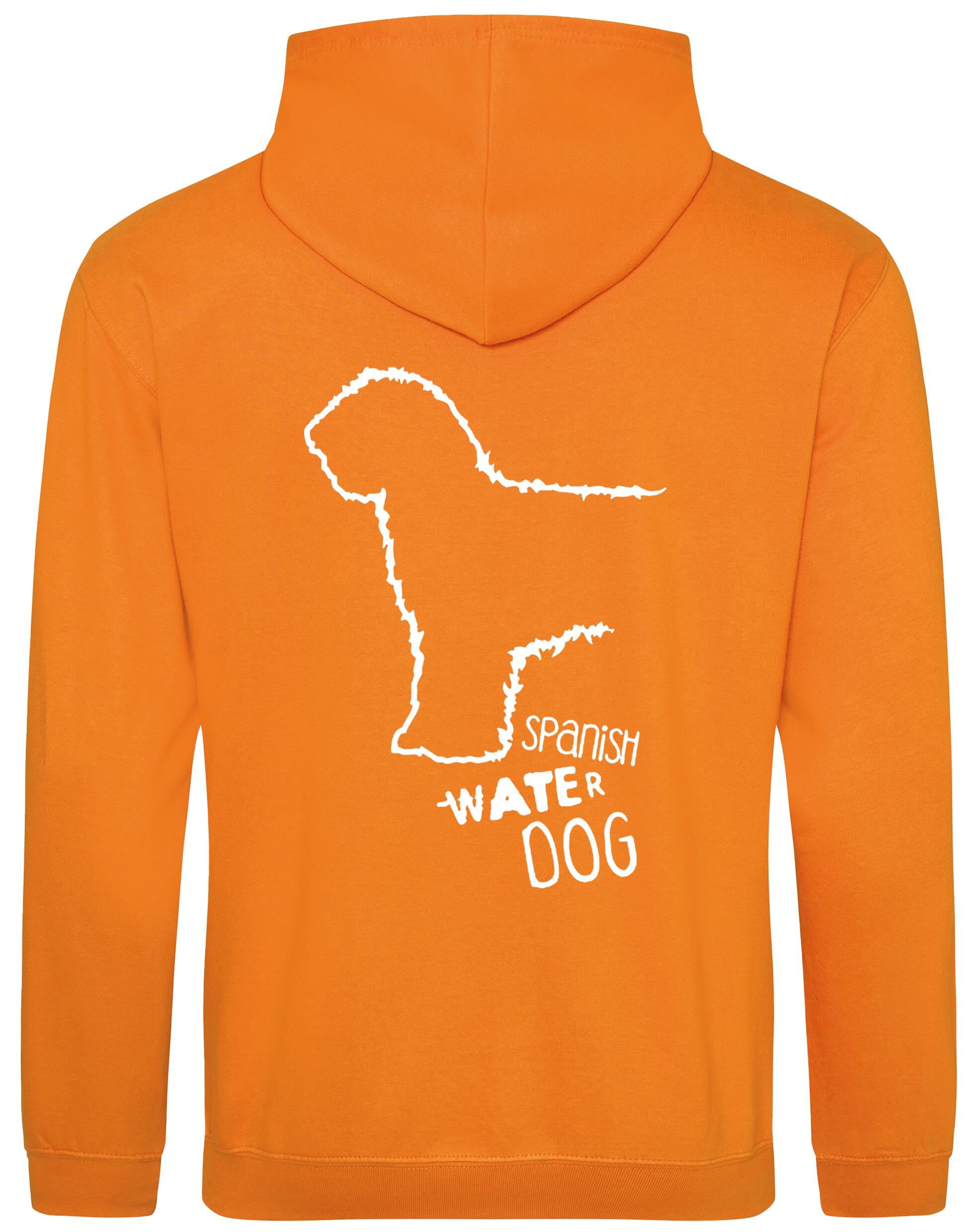 Pullover hoodie featuring Spanish Water Dog artwork on the back and paw prints on the front. Heavy-blend fabric with a brushed fleece interior, double-fabric hood, kangaroo pocket, and ribbed cuffs—ideal for cold weather, breed events, and casual comfort.