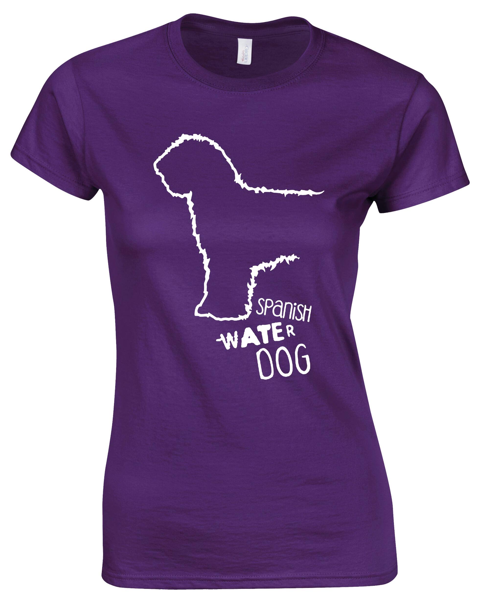 Female Roundneck T-shirt featuring Spanish Water Dog artwork on the front. Made from soft, breathable cotton with a tailored feminine fit and classic round neckline—perfect for breed lovers.