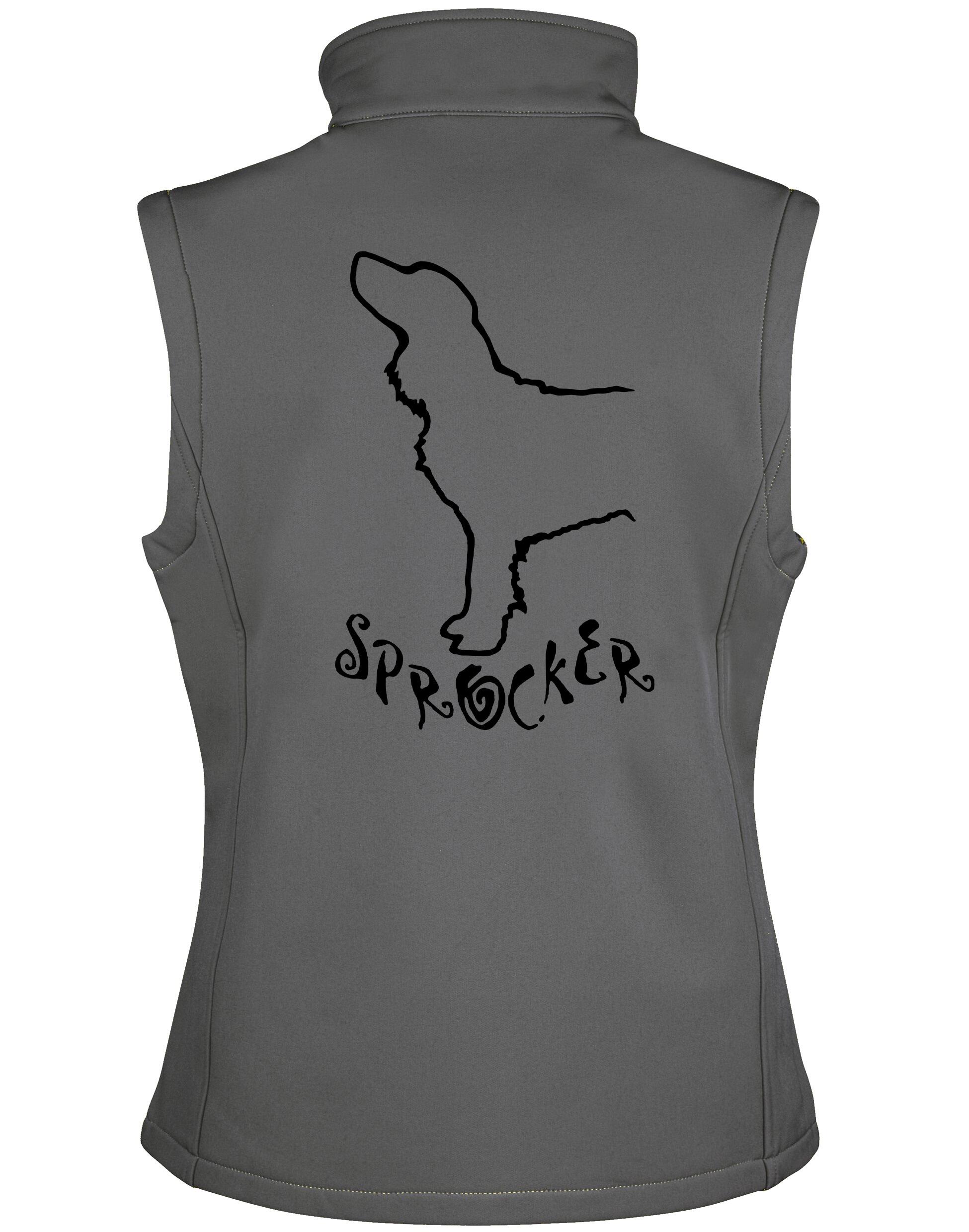 Women’s Softshell Jacket featuring exclusive Sprocker Spaniel design on the back. Tailored feminine fit with water-resistant exterior and fleece lining, ideal for active outdoor wear and showing your love for the Sprocker breed.