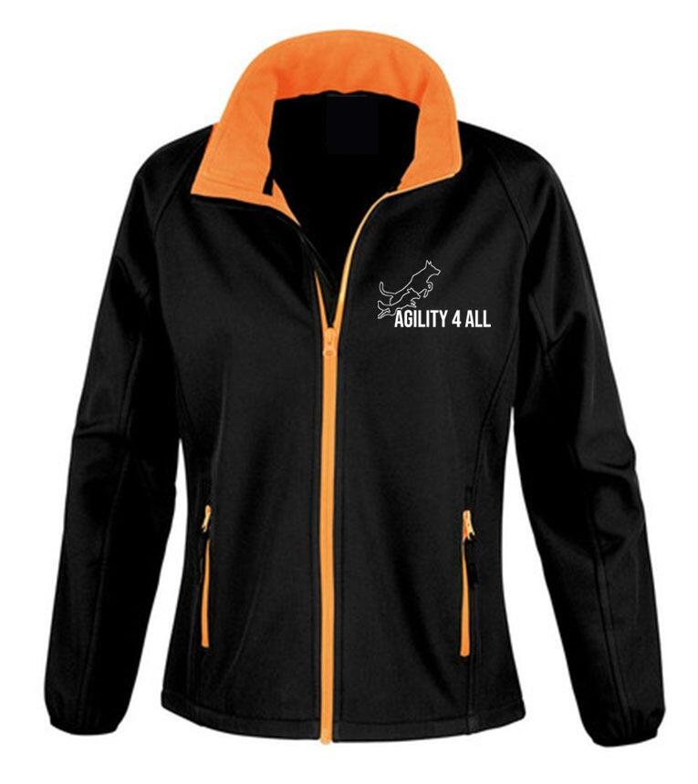 Agility 4 All Official Clothing - Black/Orange Female Softshell Jacket Front Image - White Printed Logo