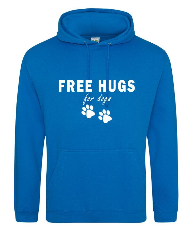 Free Hugs Design on a Sapphire Blue Pullover Hoodie White Print