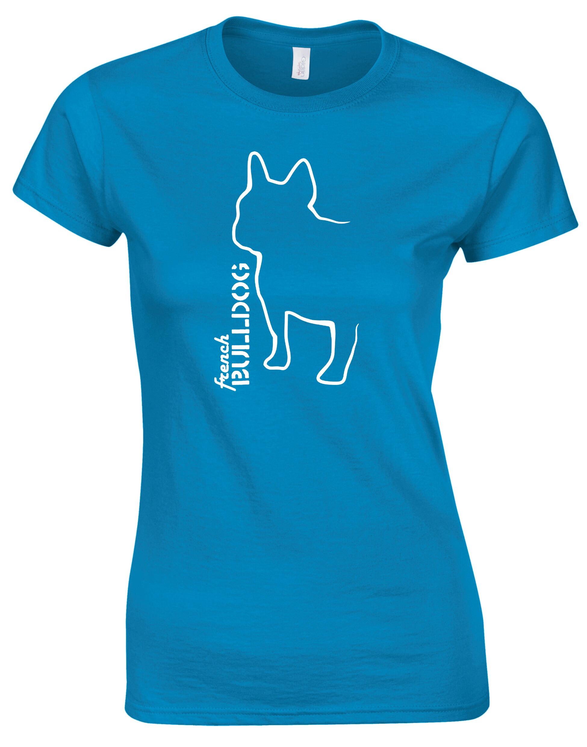 Female French Bulldog (Outline) Roundneck T-Shirt Sapphire Blue (White)