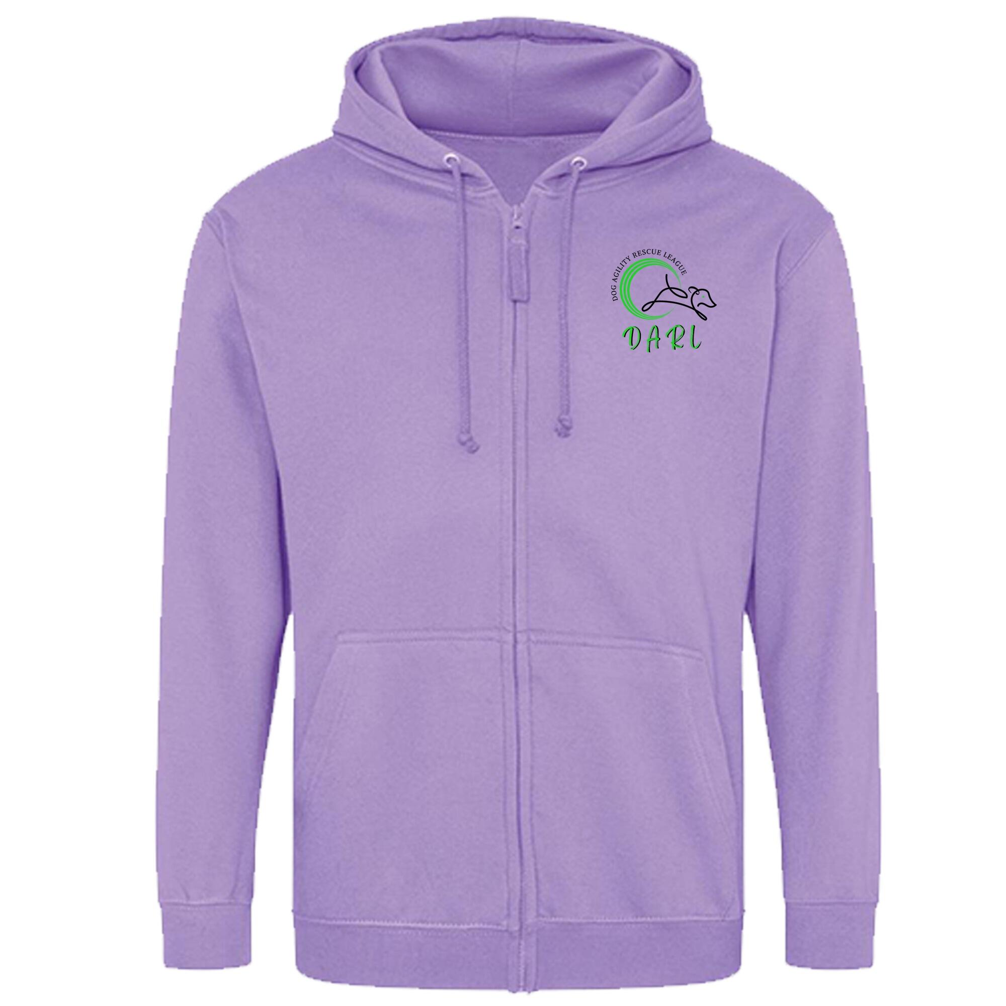DARL Official Lavender Unisex Zipped Hoodie, featuring the DARL logo, designed for comfort and style while supporting the Dog Agility Rescue League and rescued dogs.