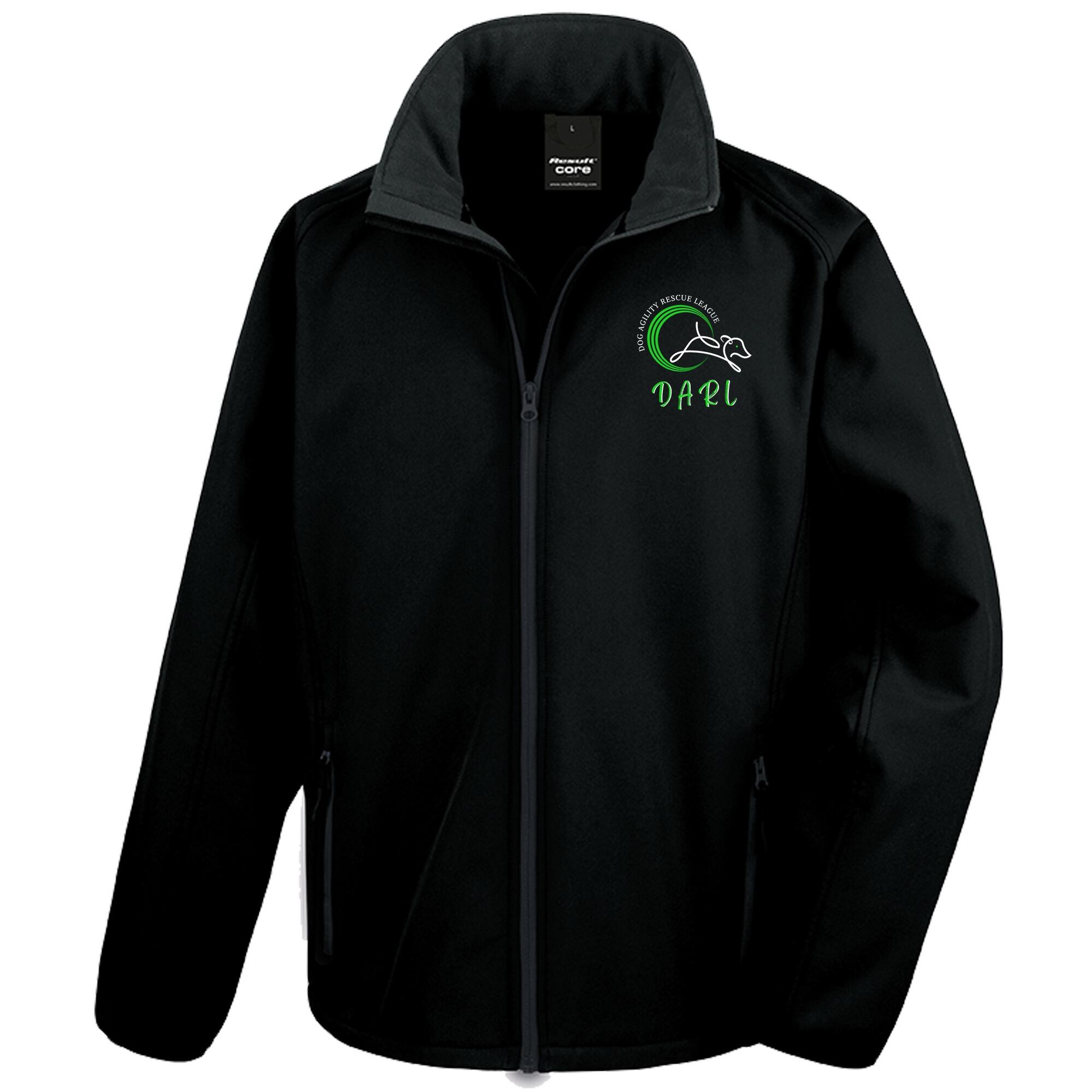 DARL Official Black Unisex Softshell Jacket featuring the DARL logo on the front and back, designed for style, comfort, and performance, supporting the Dog Agility Rescue League.
