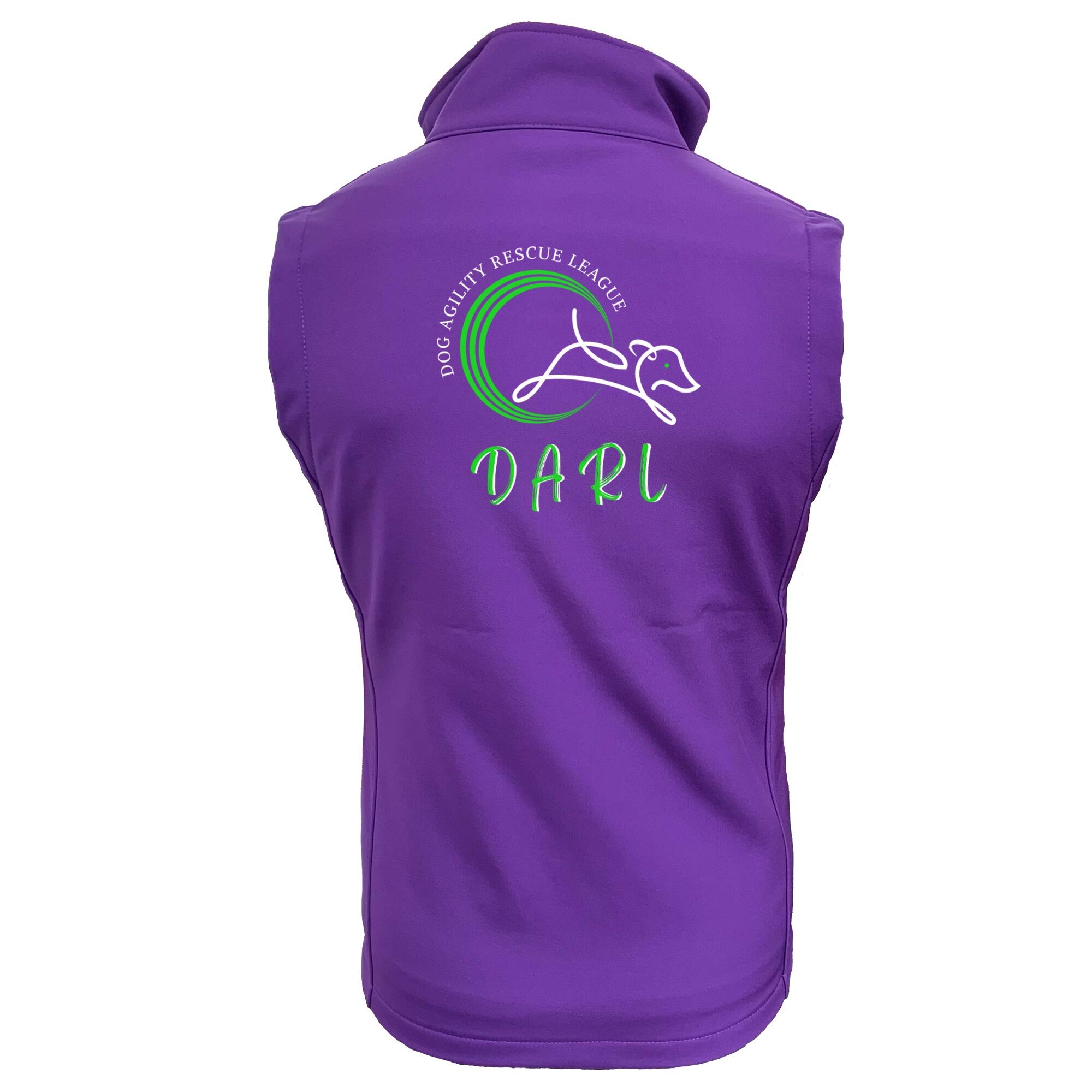 DARL Official Purple Unisex Softshell Jacket, featuring the DARL logo on the front and back, offering wind and water resistance, and supporting the Dog Agility Rescue League. Perfect for outdoor adventures and casual wear.