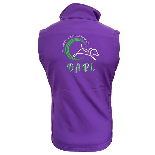 DARL Official Purple Unisex Softshell Jacket, featuring the DARL logo on the front and back, offering wind and water resistance, and supporting the Dog Agility Rescue League. Perfect for outdoor adventures and casual wear.