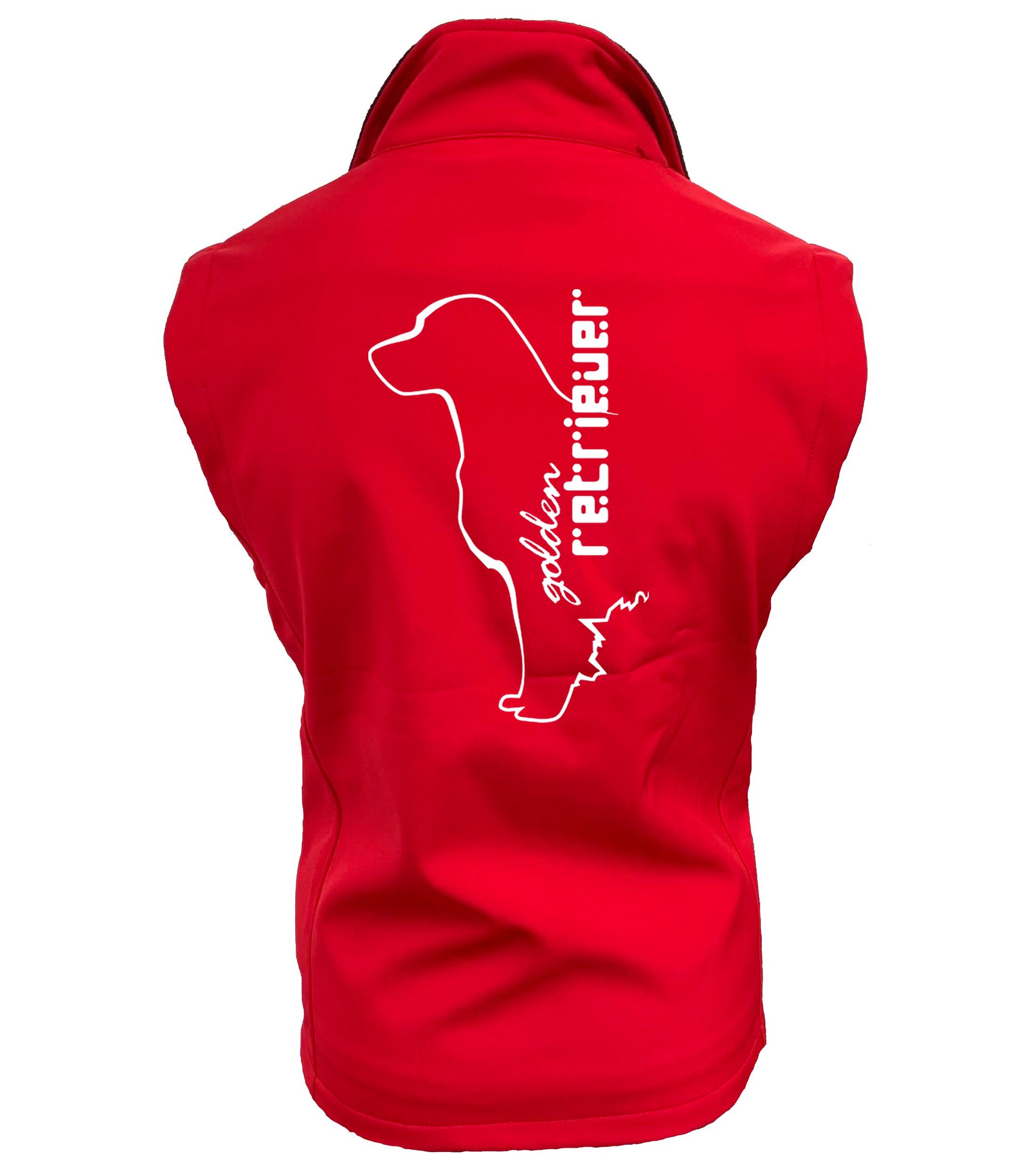 Women’s Softshell Gilet featuring an exclusive Golden Retriever design, crafted from water-resistant fabric with a tailored fit, offering style, comfort, and customization options for dog lovers.