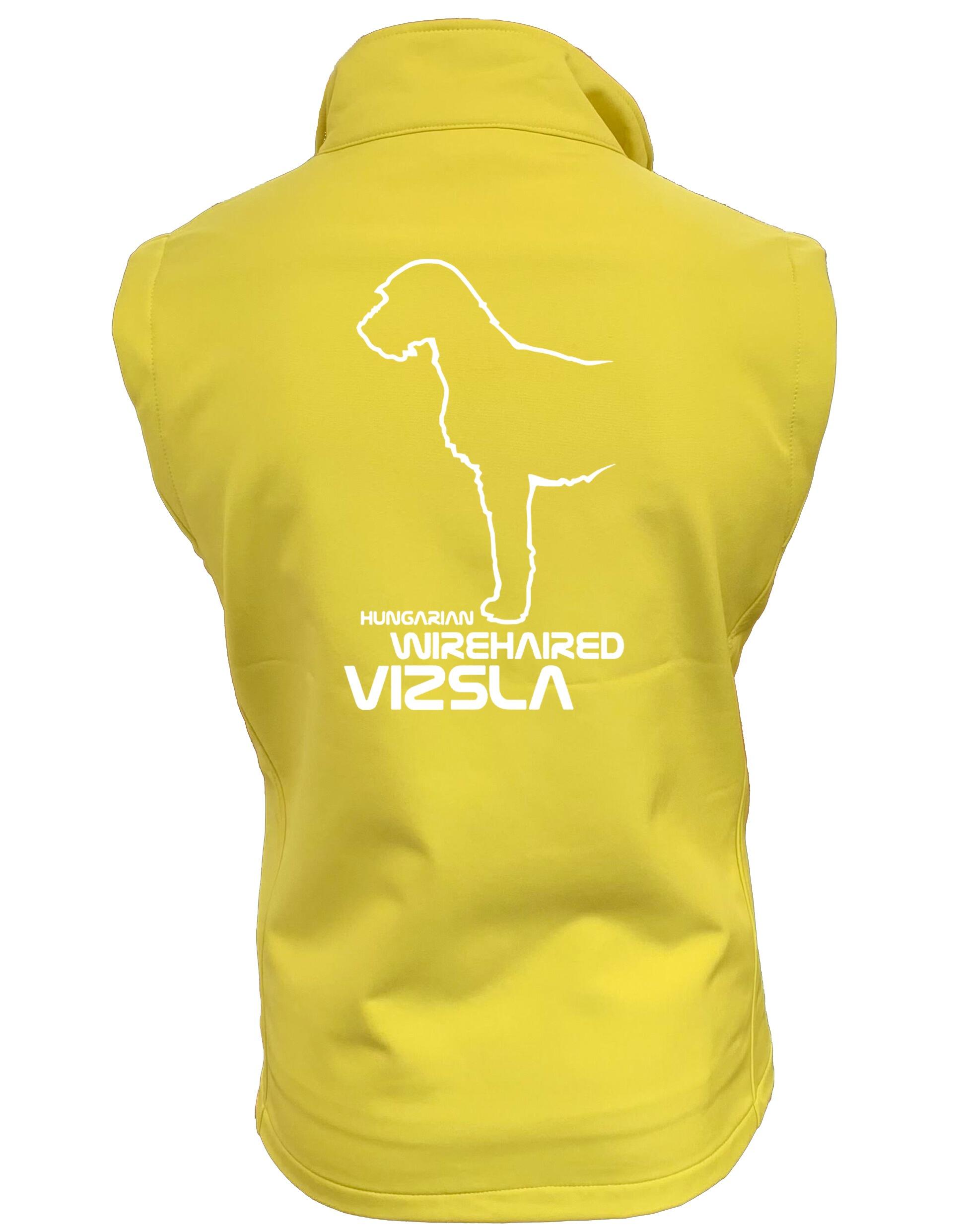 Women’s softshell gilet featuring Hungarian Wirehaired Vizsla breed artwork – customizable, water-resistant, perfect for outdoor activities and dog events.