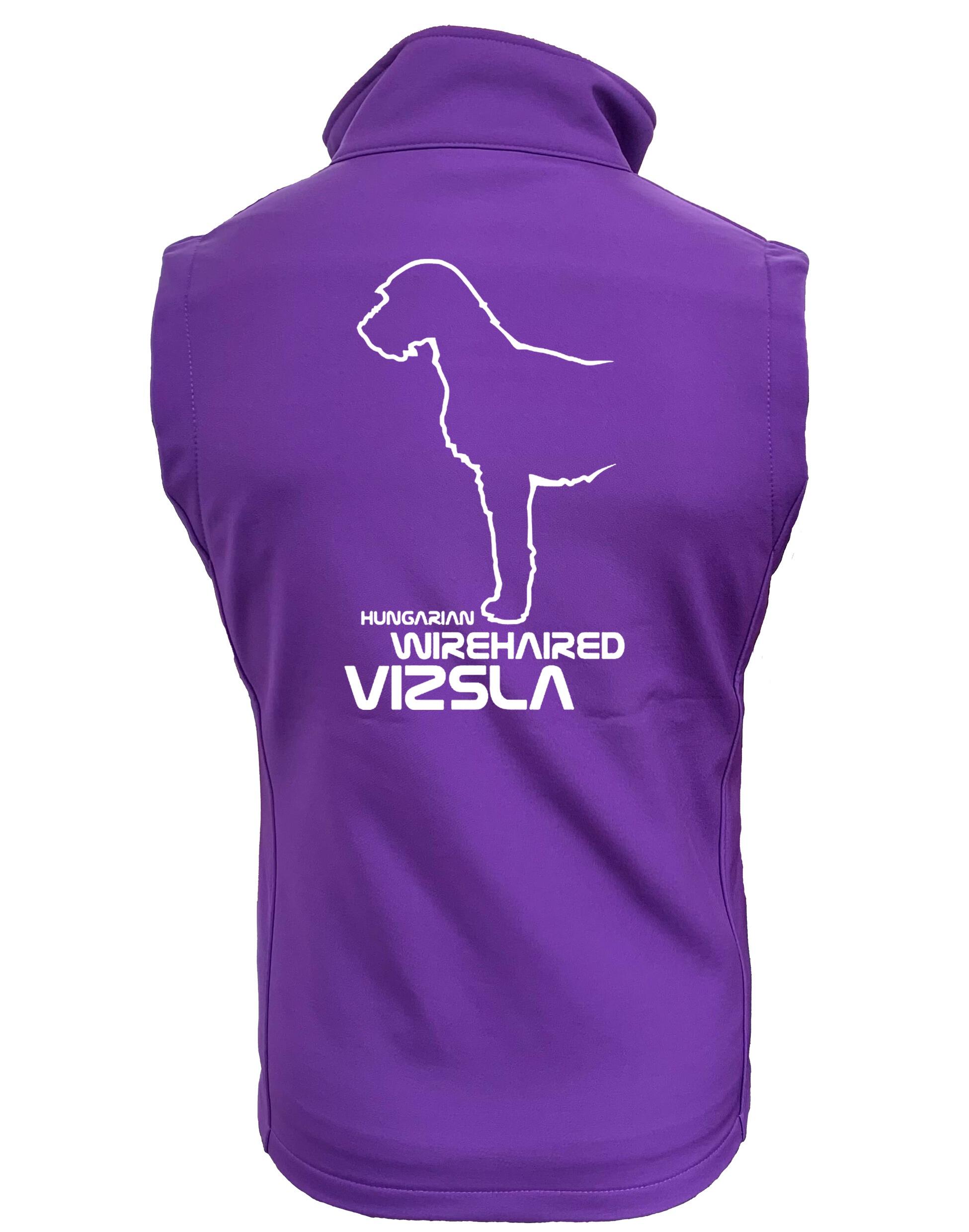 Unisex softshell gilet featuring Hungarian Wirehaired Vizsla breed artwork – water-resistant, fleece-lined, perfect for outdoor activities and dog events.