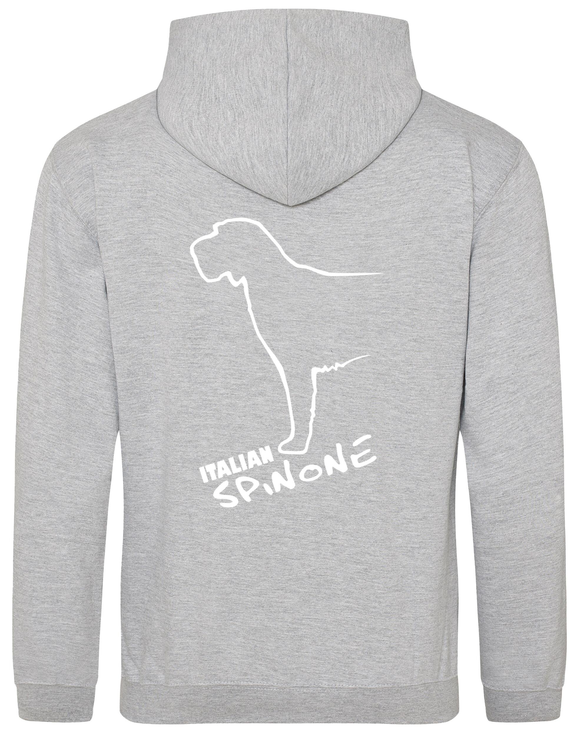 Italian Spinone pullover hoodie featuring exclusive breed artwork, paw print accents, kangaroo pocket, and double-fabric hood, personalized for dog lovers.