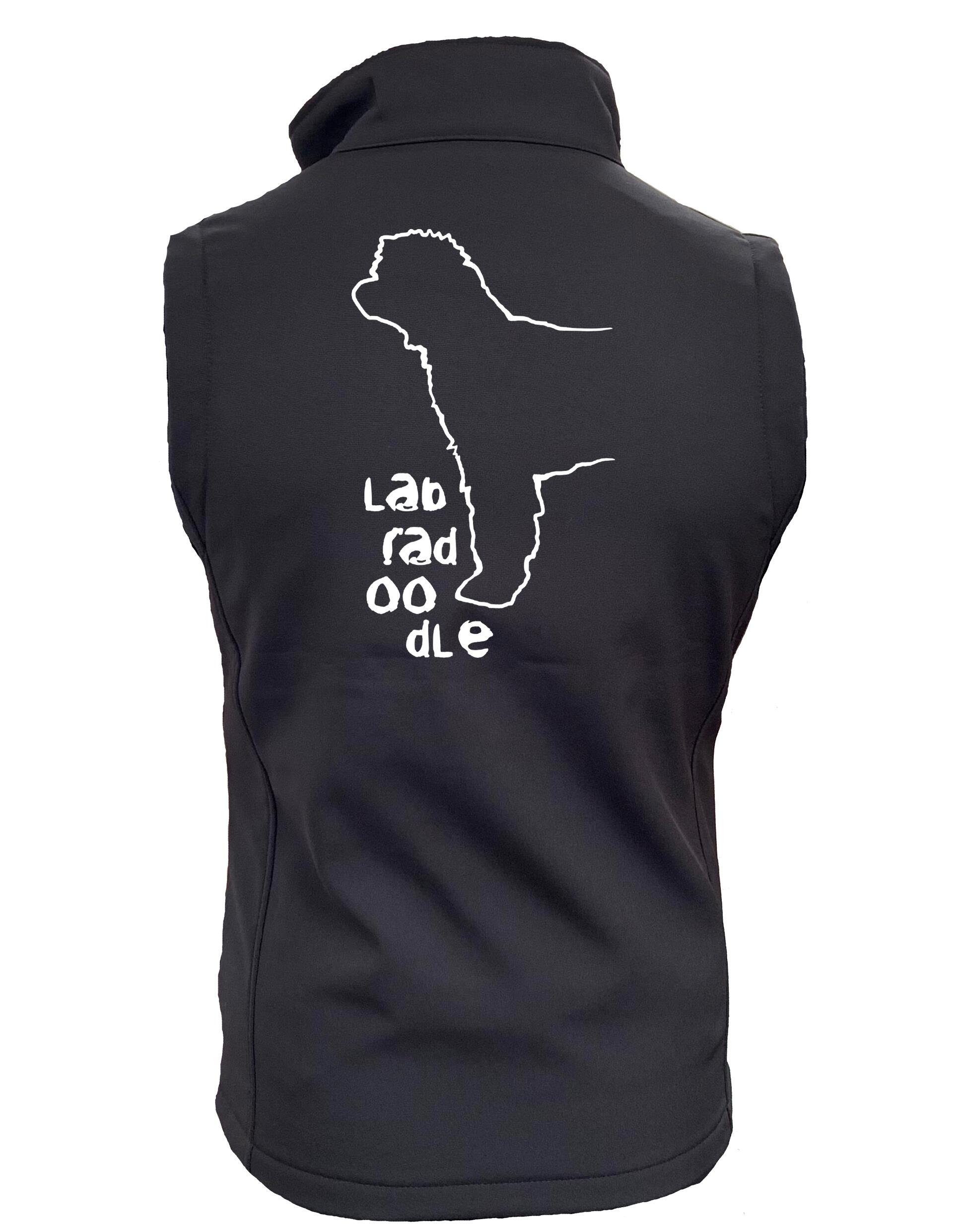 Women’s Softshell Gilet with exclusive Labradoodle design, personalized with dog’s name or breeder details, providing water-resistant protection and comfort for outdoor adventures.
