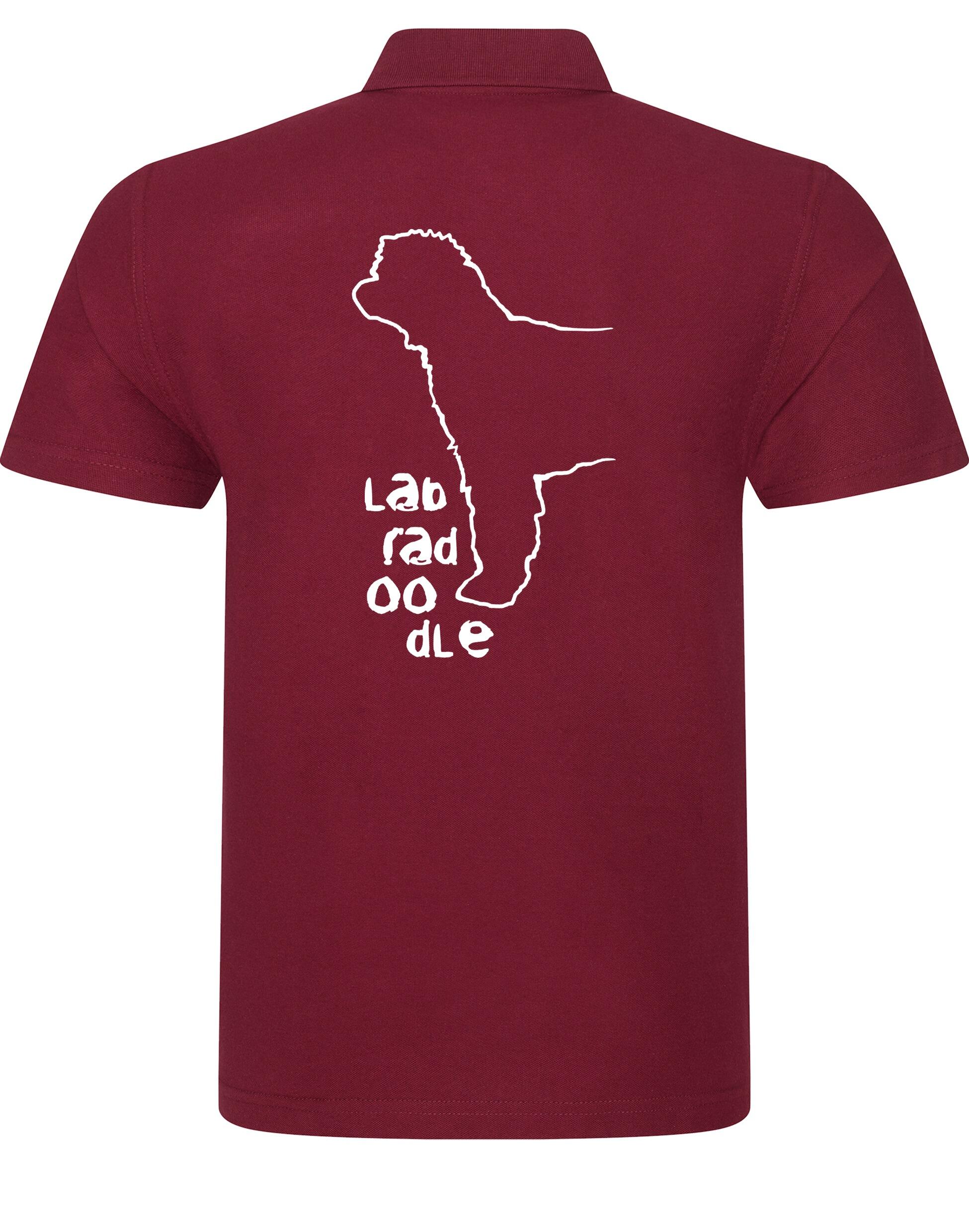 Unisex Cotton Polo with a vibrant Labradoodle design on the back, crafted from breathable fabric for lasting comfort and style.