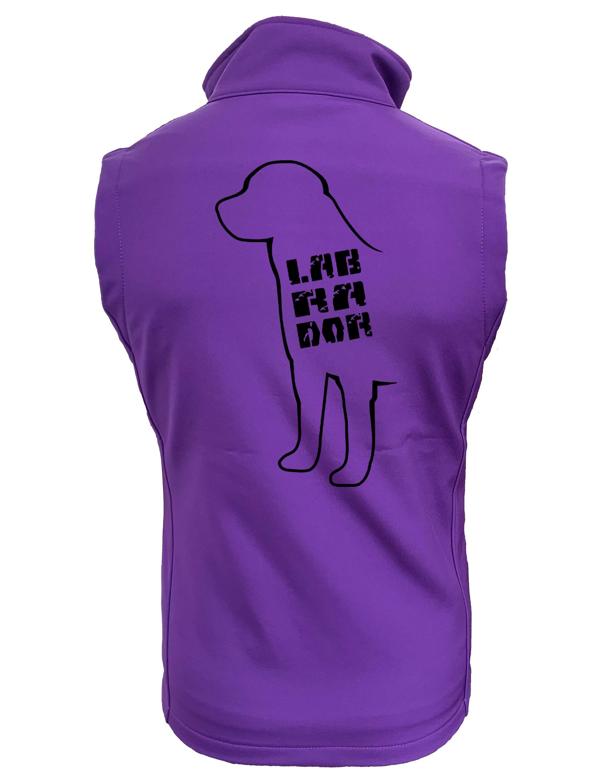Women’s Softshell Gilet with an exclusive Labrador design on the back, made from water-resistant fabric and featuring personalization options.