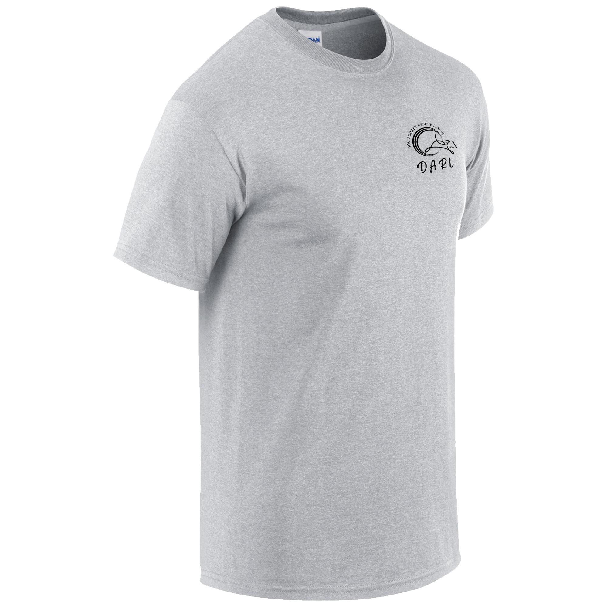 DARL Sports Grey Unisex T-Shirt 2025 featuring the iconic DARL logo, designed for comfort and style, supporting the Dog Agility Rescue League.