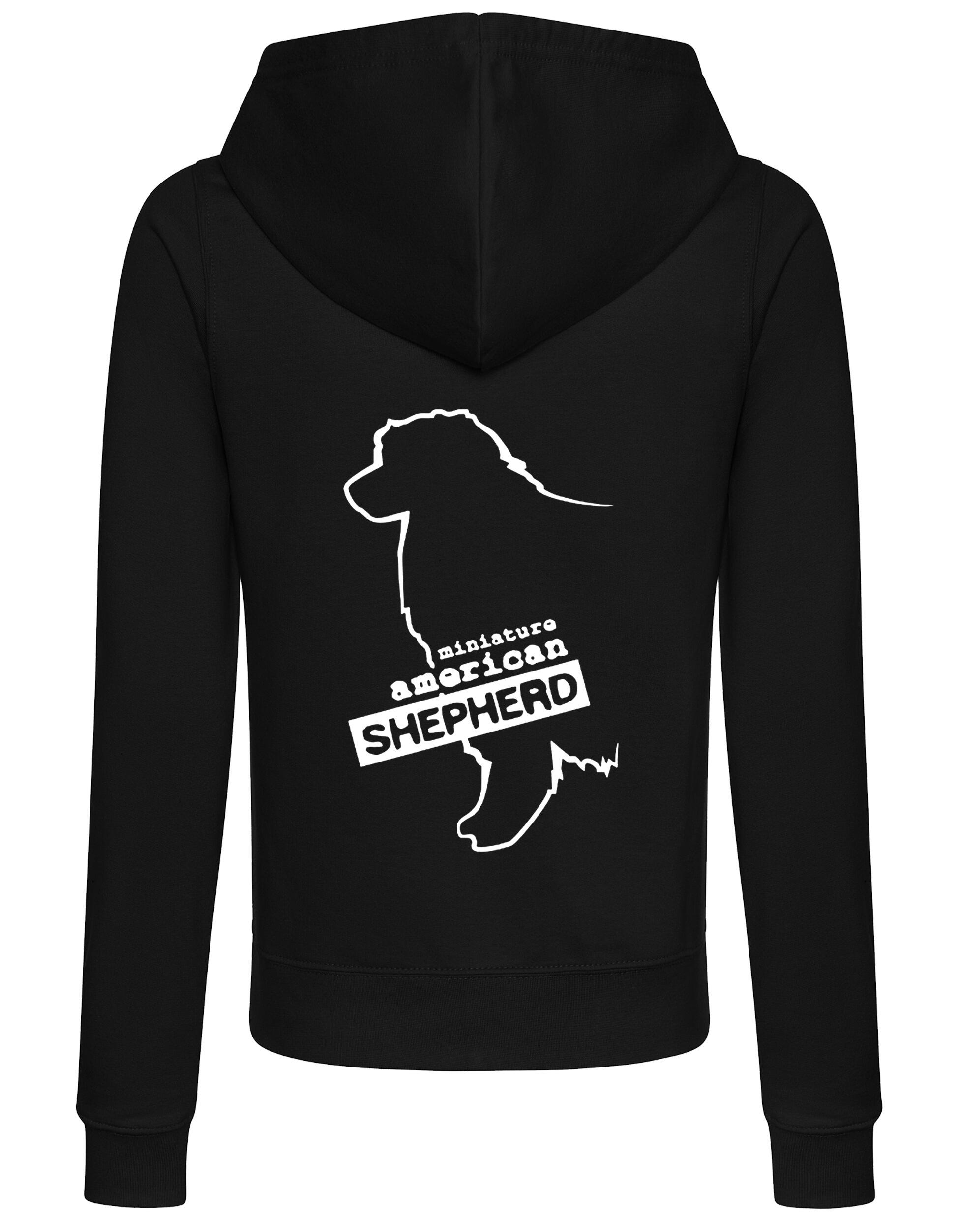 Miniature American Shepherd Women’s Zipped Hoodie with exclusive breed artwork, cozy hood, and practical front pockets.