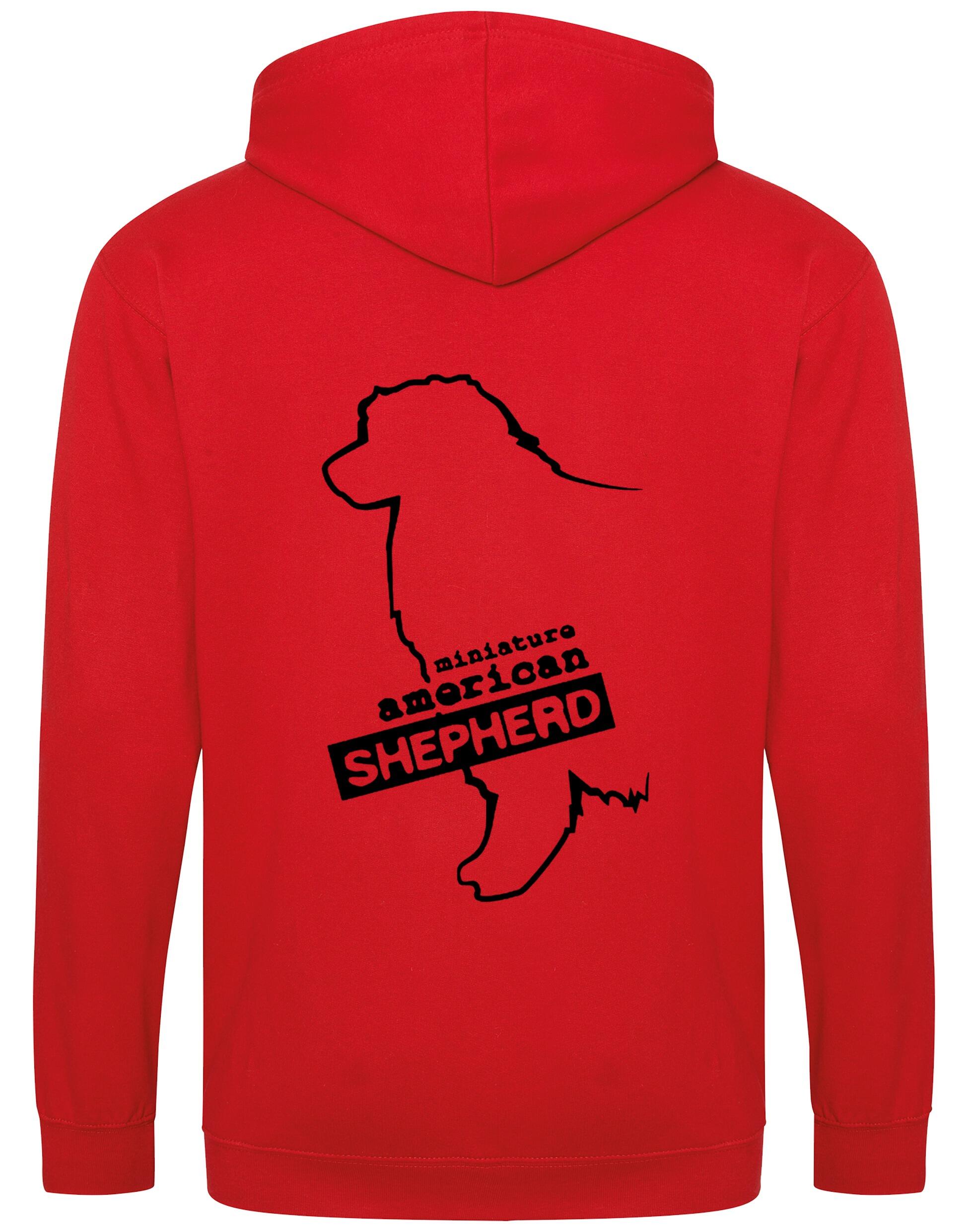 Miniature American Shepherd Zipped Hoodie featuring exclusive breed artwork, cozy fleece lining, and spacious front pockets.