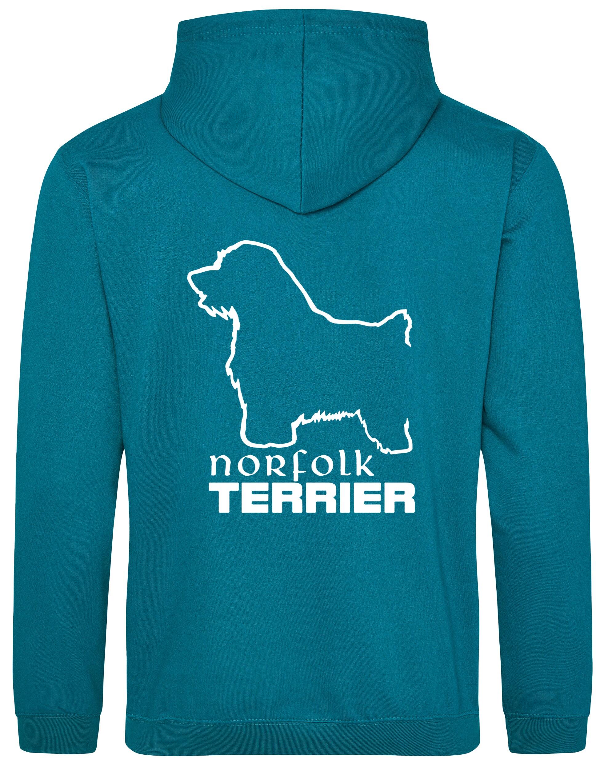 Norfolk Terrier Pullover Hoodie featuring exclusive breed artwork on the back, heavy-blend fabric with brushed fleece interior, and kangaroo pocket for warmth and comfort. A stylish and practical choice for Norfolk Terrier lovers.
