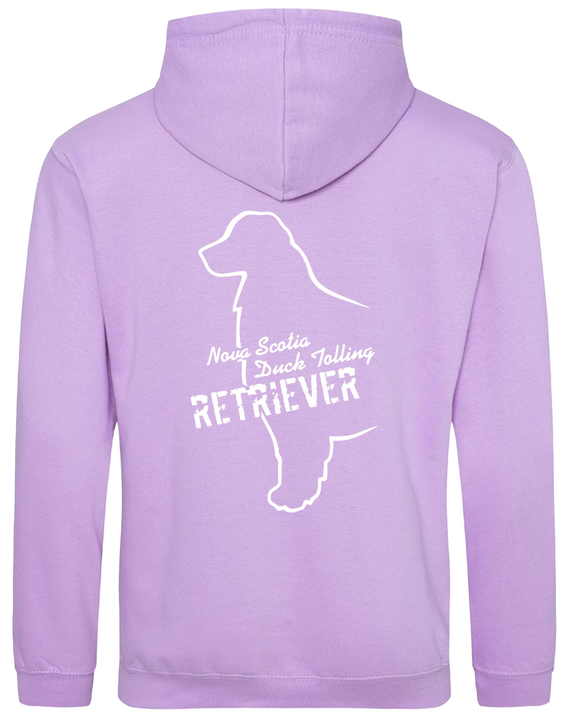 Soft fleece-lined Nova Scotia Duck Tolling Retriever pullover hoodie featuring a detailed breed design on the back. Includes a kangaroo pouch pocket, ribbed cuffs, and a double-fabric hood. Perfect for breed enthusiasts, casual wear, and outdoor adventures.