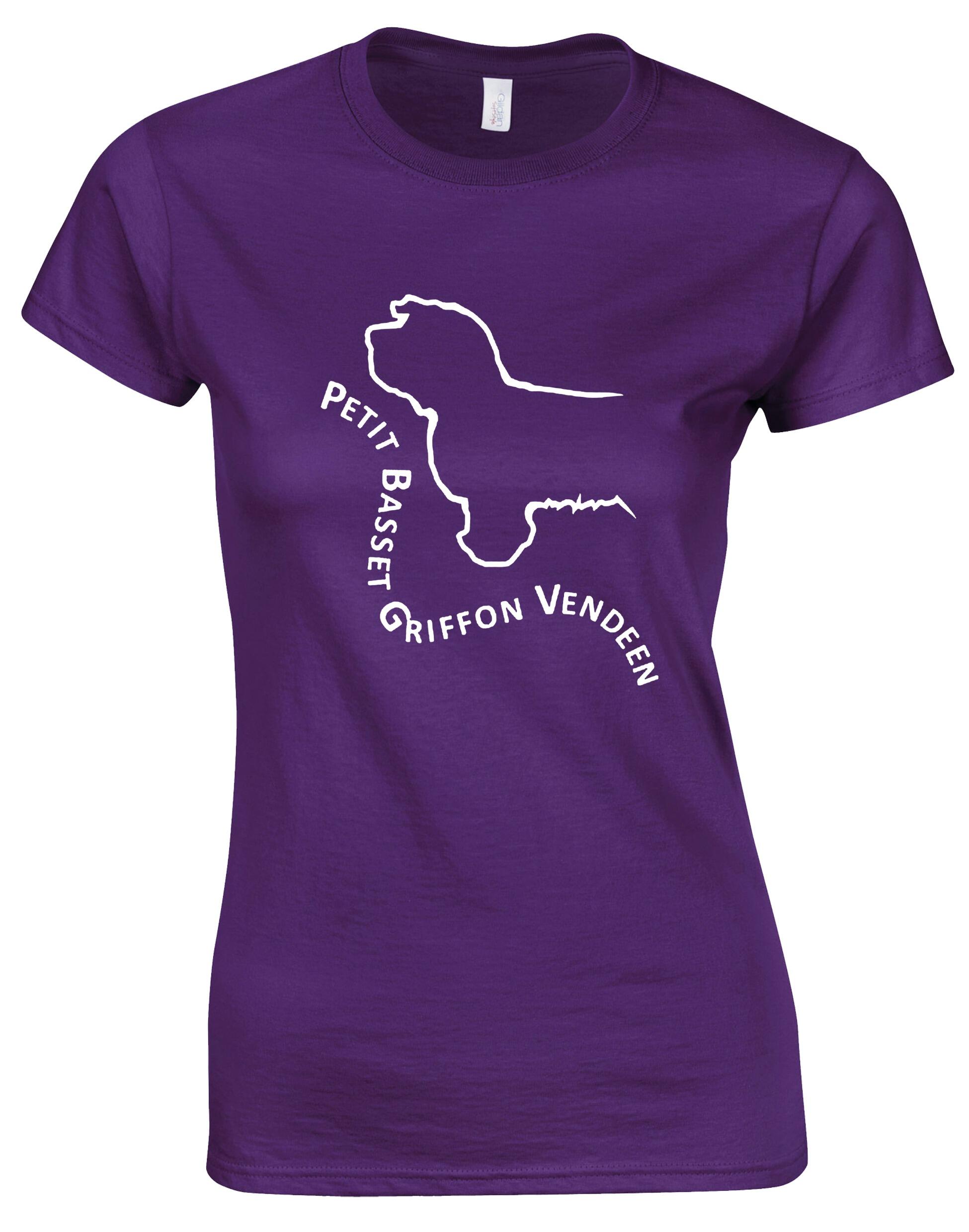 Petit Basset Griffon Vendéen Female Roundneck T-Shirt – soft, breathable cotton t-shirt with exclusive breed artwork, tailored feminine fit, and classic round neckline for casual comfort.