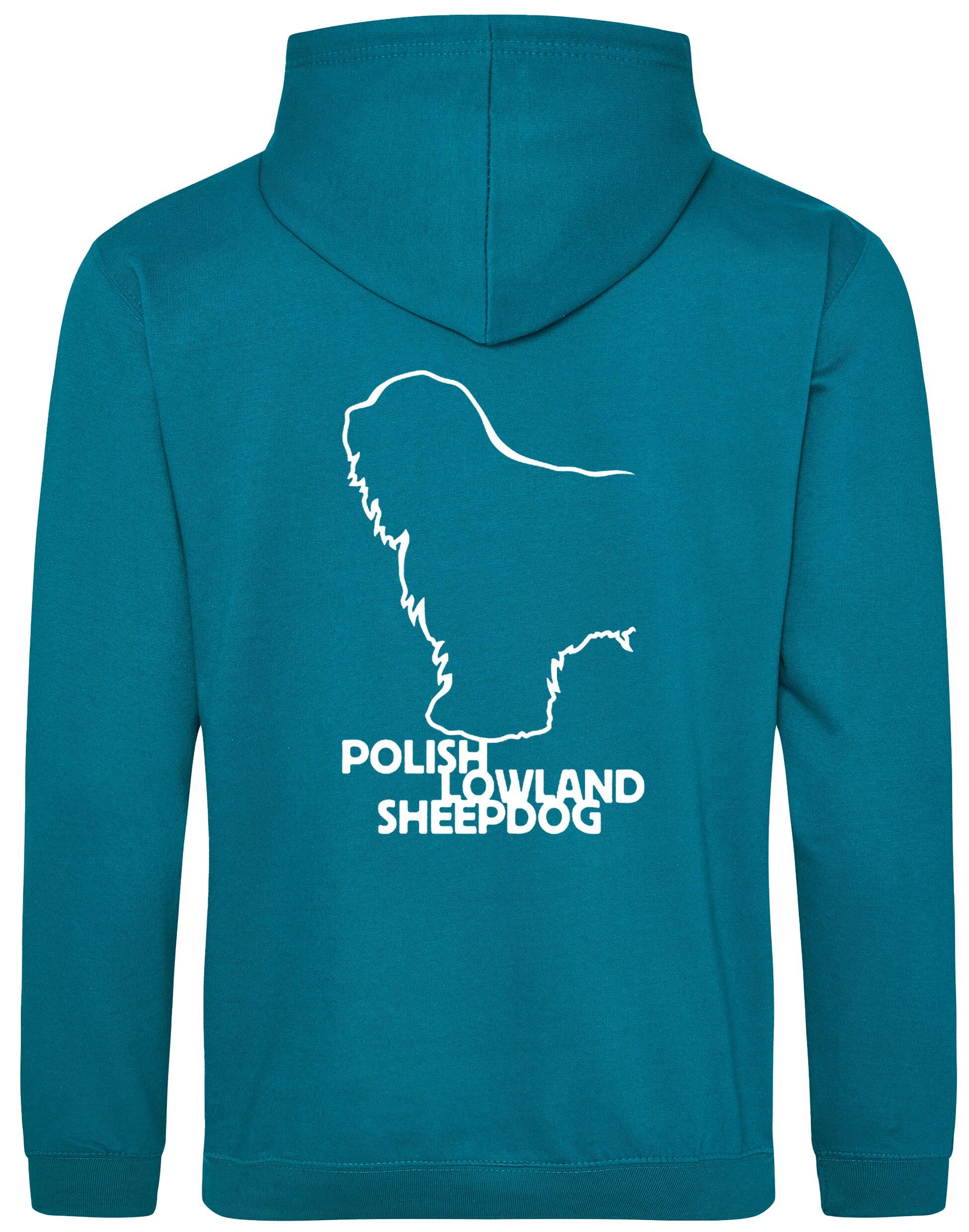 Polish Lowland Sheepdog Pullover Hoodie featuring exclusive breed artwork, heavy-blend fleece lining, kangaroo pocket, and a double-fabric hood for warmth and style.