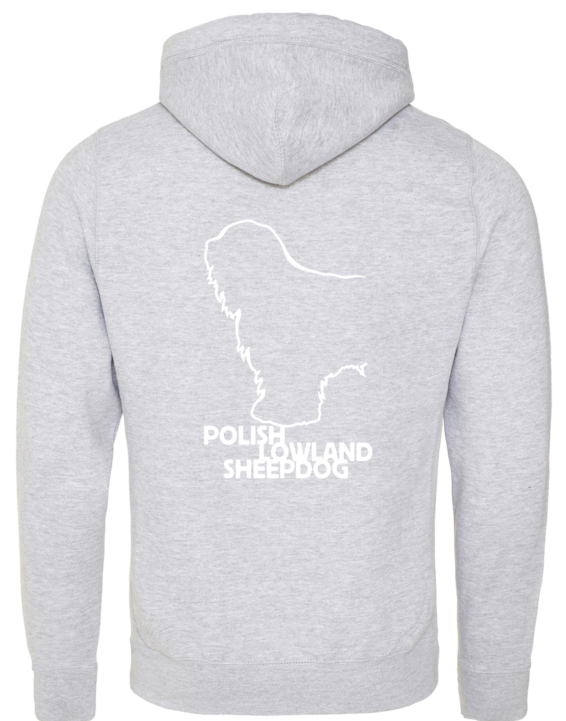 Polish Lowland Sheepdog Crossneck Pullover Hoodie featuring exclusive breed artwork, a modern crossneck design, a fleece interior, and a spacious kangaroo pocket for warmth and style.