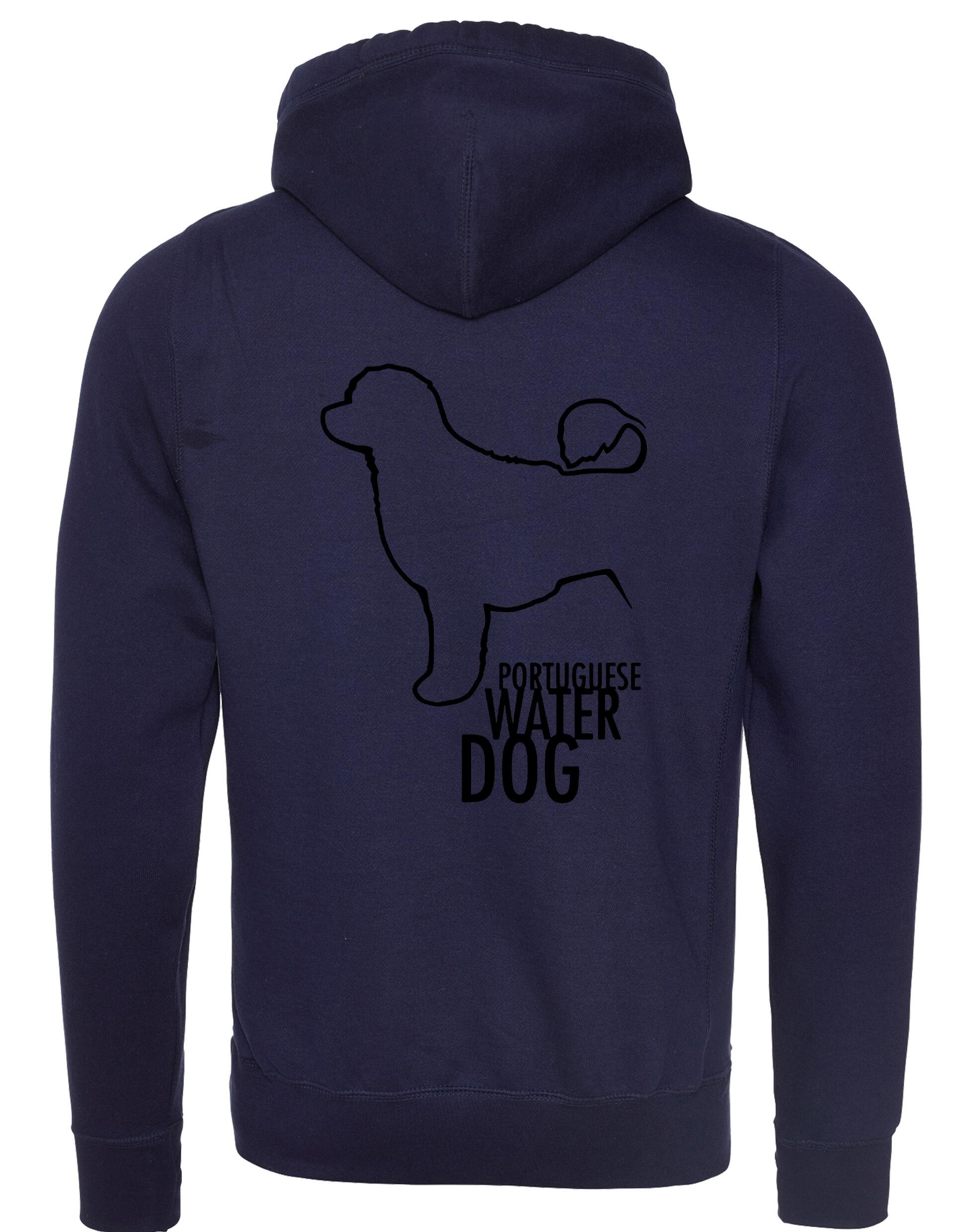 Unisex Portuguese Water Dog Crossneck Pullover Hoodie featuring exclusive breed artwork, premium heavy-blend fabric with a brushed fleece interior, a spacious kangaroo pocket, and ribbed cuffs for stylish, modern comfort.