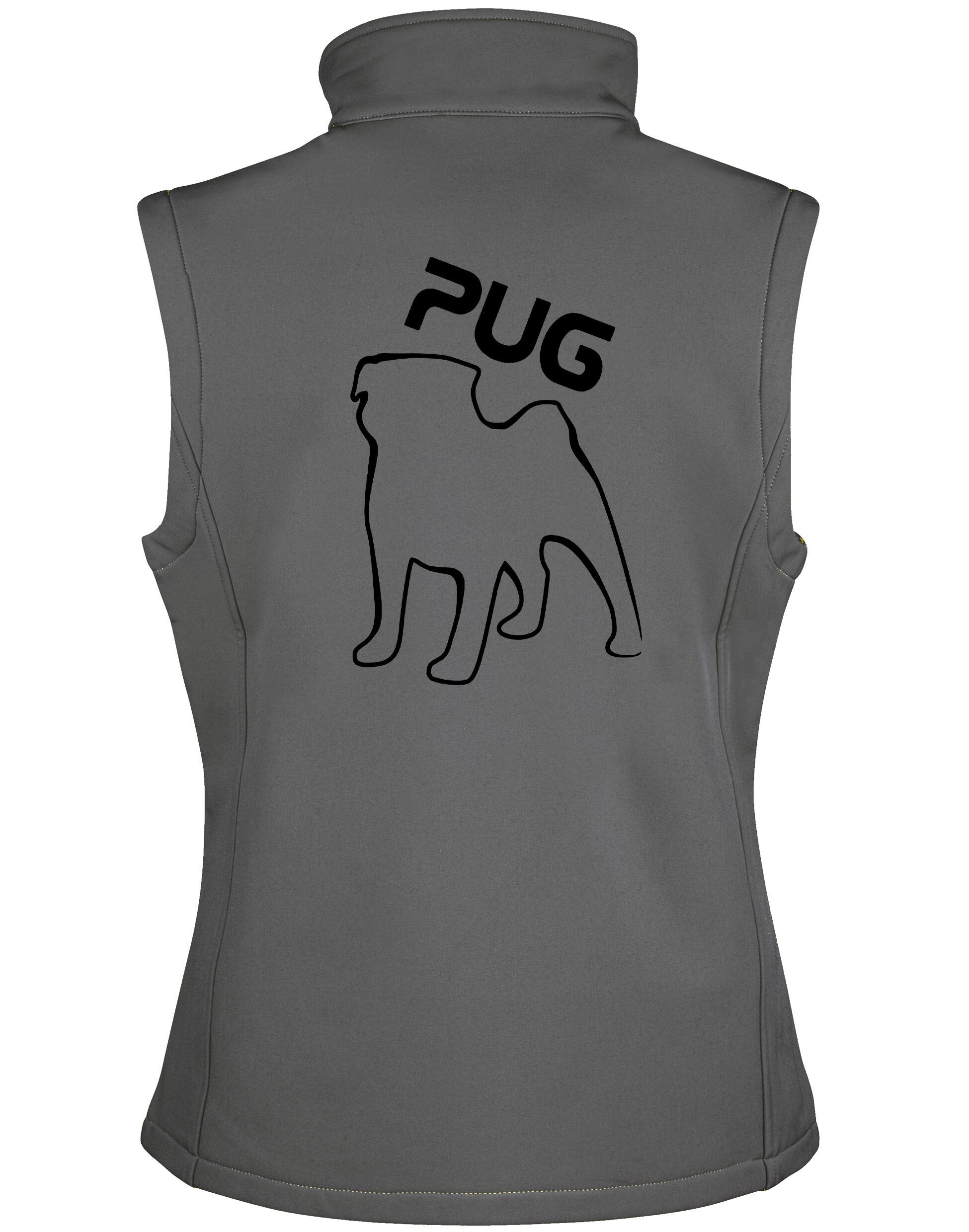 Unisex Pug (Outline) Softshell Gilet featuring exclusive outline artwork, crafted from premium water-resistant fabric with a cozy fleece lining for stylish, functional outdoor wear.