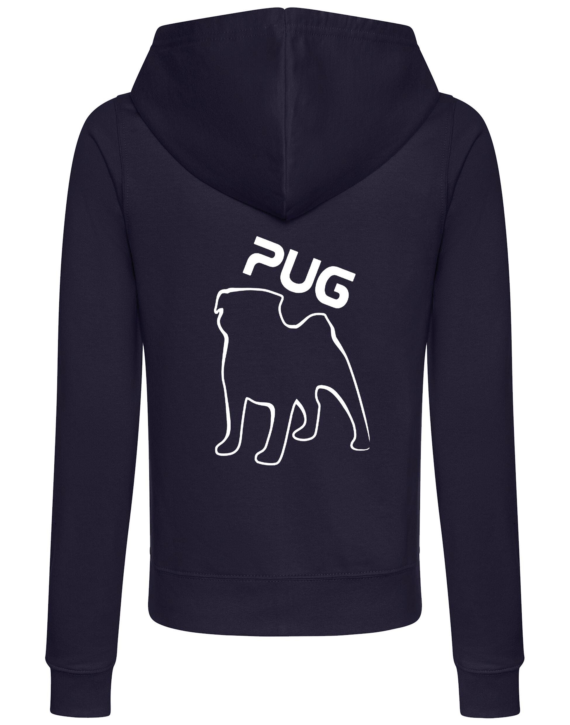 Women's Pug (Outline) Zipped Hoodie featuring exclusive outline artwork, crafted from premium breathable fabric with a cozy hood and practical front pockets for stylish, versatile comfort.