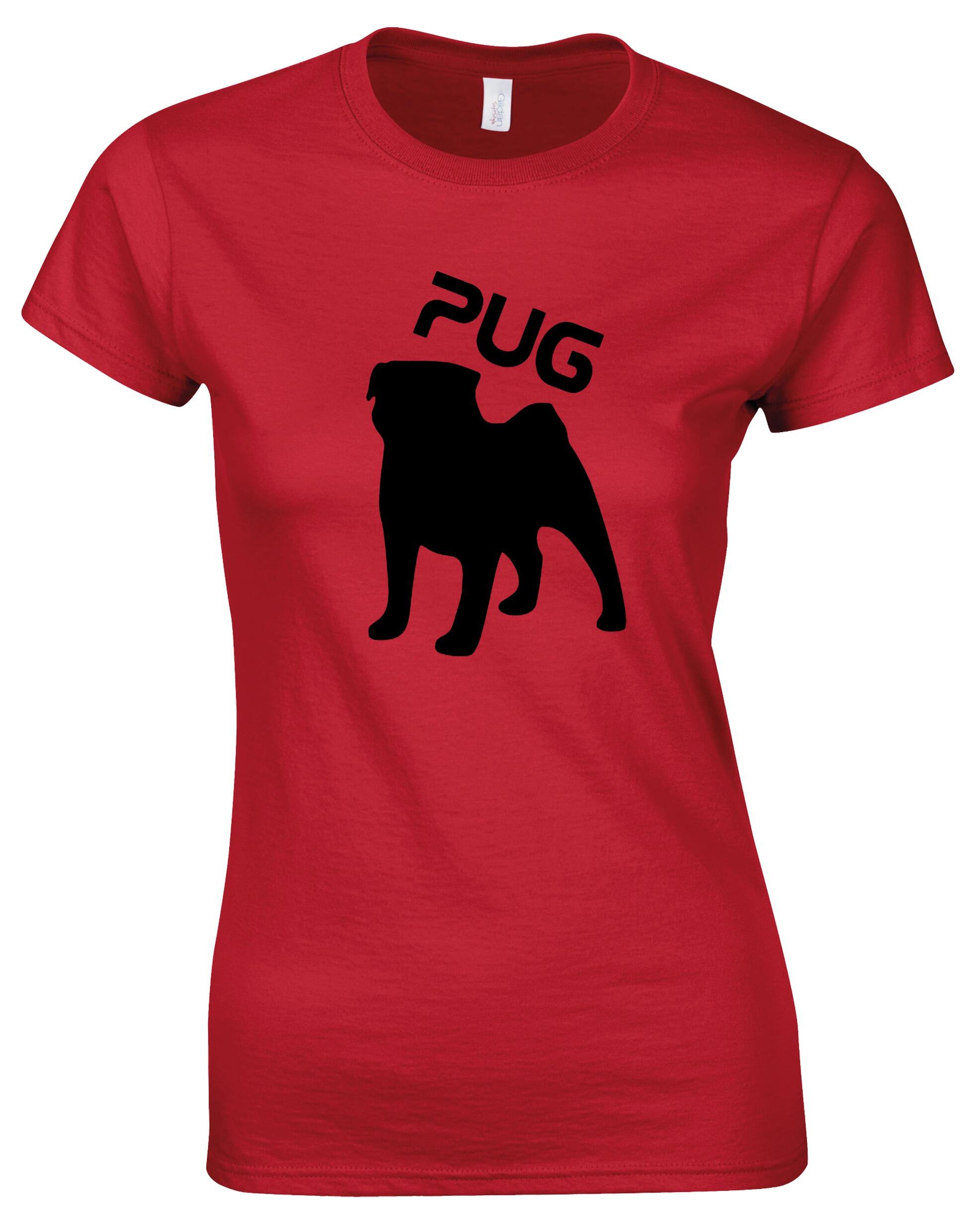 Female Roundneck T-shirt featuring an exclusive Pug (Silhouette) design, crafted from premium breathable cotton for all-day comfort and a flattering feminine fit, perfect for Pug enthusiasts.