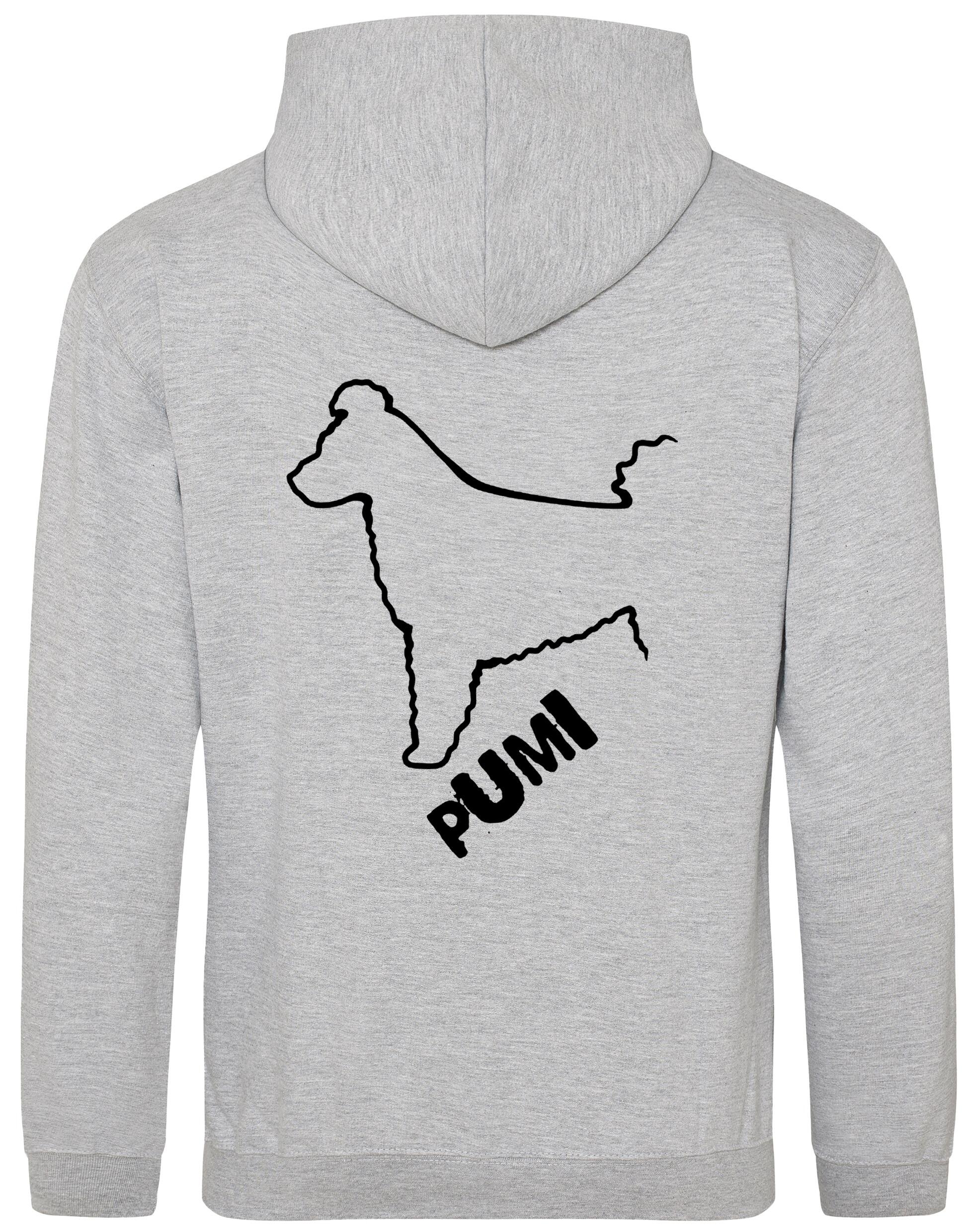 Unisex Hungarian Pumi Design Pullover Hoodie featuring exclusive breed artwork with personalization options, crafted from premium heavy-blend fabric with a cozy brushed fleece interior, ribbed cuffs, and a double-fabric hood for stylish, lasting comfort.