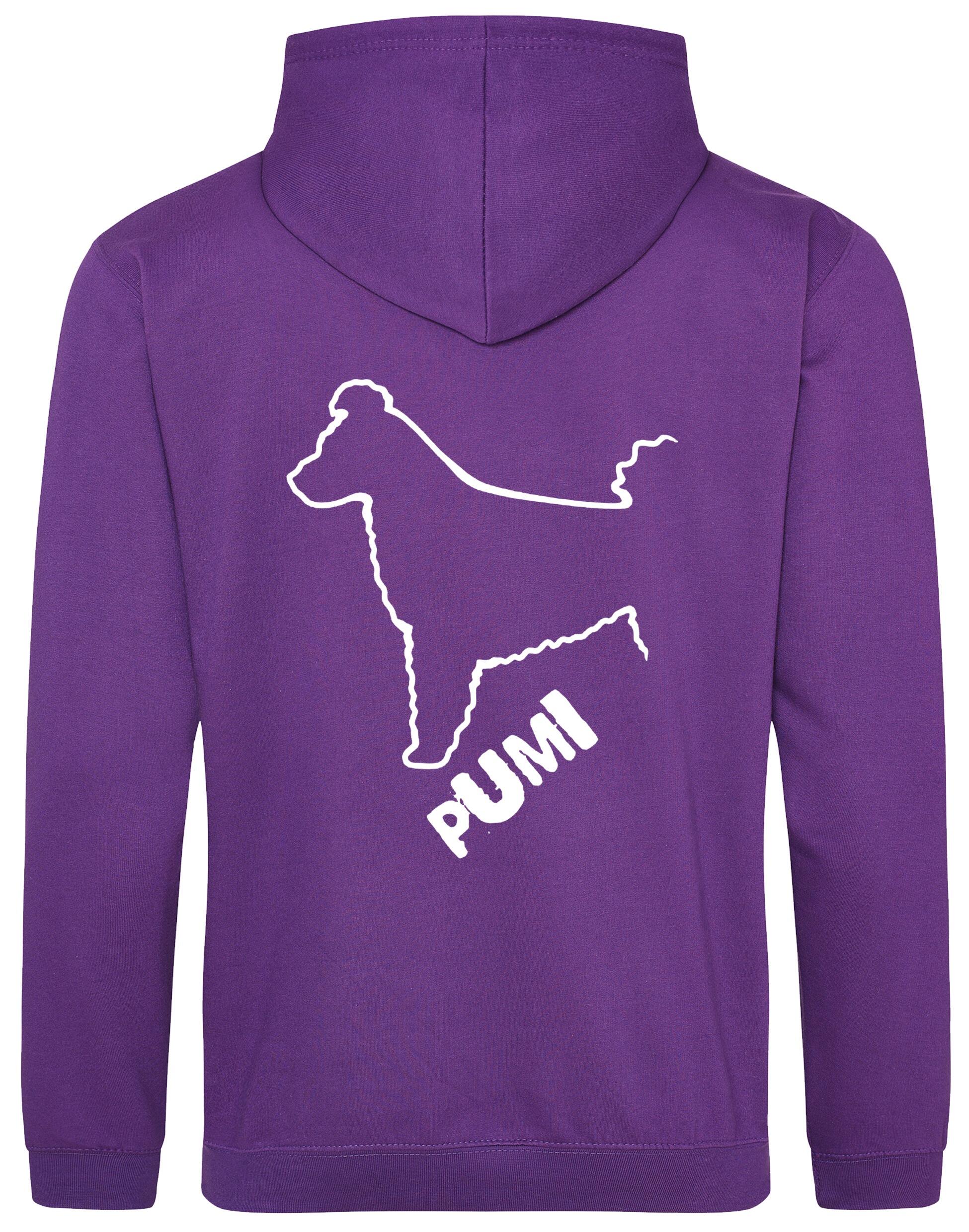 Unisex Hungarian Pumi Design Pullover Hoodie featuring exclusive breed artwork with personalization options, crafted from premium heavy-blend fabric with a cozy brushed fleece interior, ribbed cuffs, and a double-fabric hood for stylish, lasting comfort.