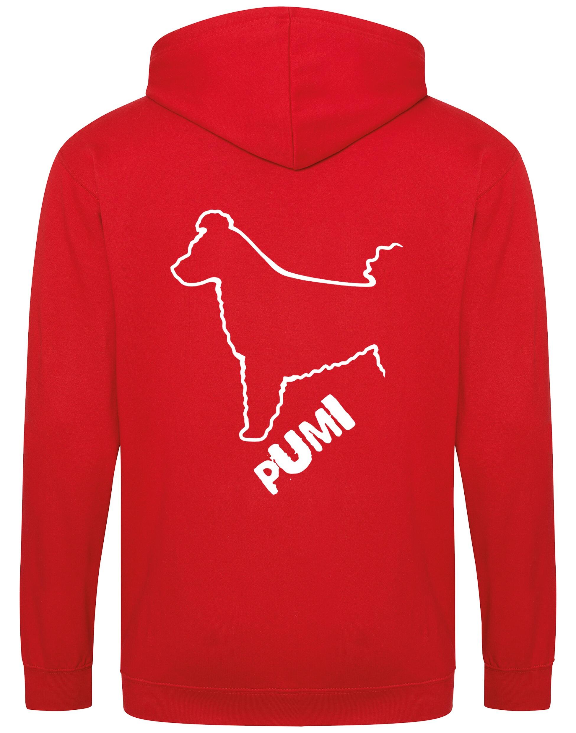 Unisex Hungarian Pumi Zipped Hoodie featuring exclusive breed artwork with personalization options, crafted from premium heavy-blend fabric with a cozy brushed fleece interior, full-zip closure, and a spacious kangaroo pocket for stylish, comfortable outdoor wear.