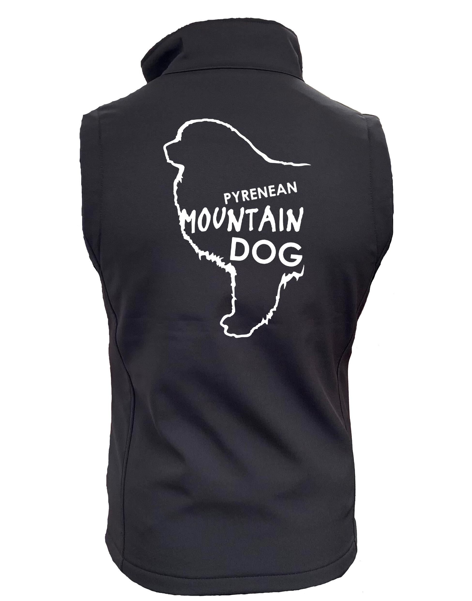 Women's Pyrenean Mountain Dog Softshell Gilet featuring exclusive breed artwork with personalization options, crafted from premium water-resistant fabric with a cozy fleece lining, a full-zip front, and side pockets for stylish, versatile outdoor wear.