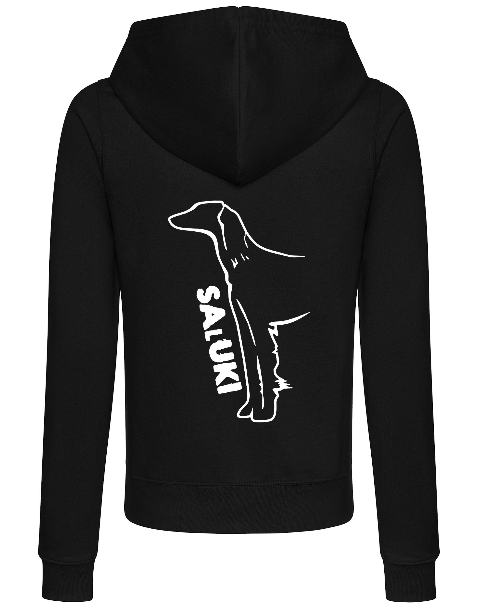Saluki Women’s Zipped Hoodie featuring exclusive breed artwork, soft breathable fabric, flattering feminine fit, full-zip closure, cozy hood, and practical front pockets for breed enthusiasts.