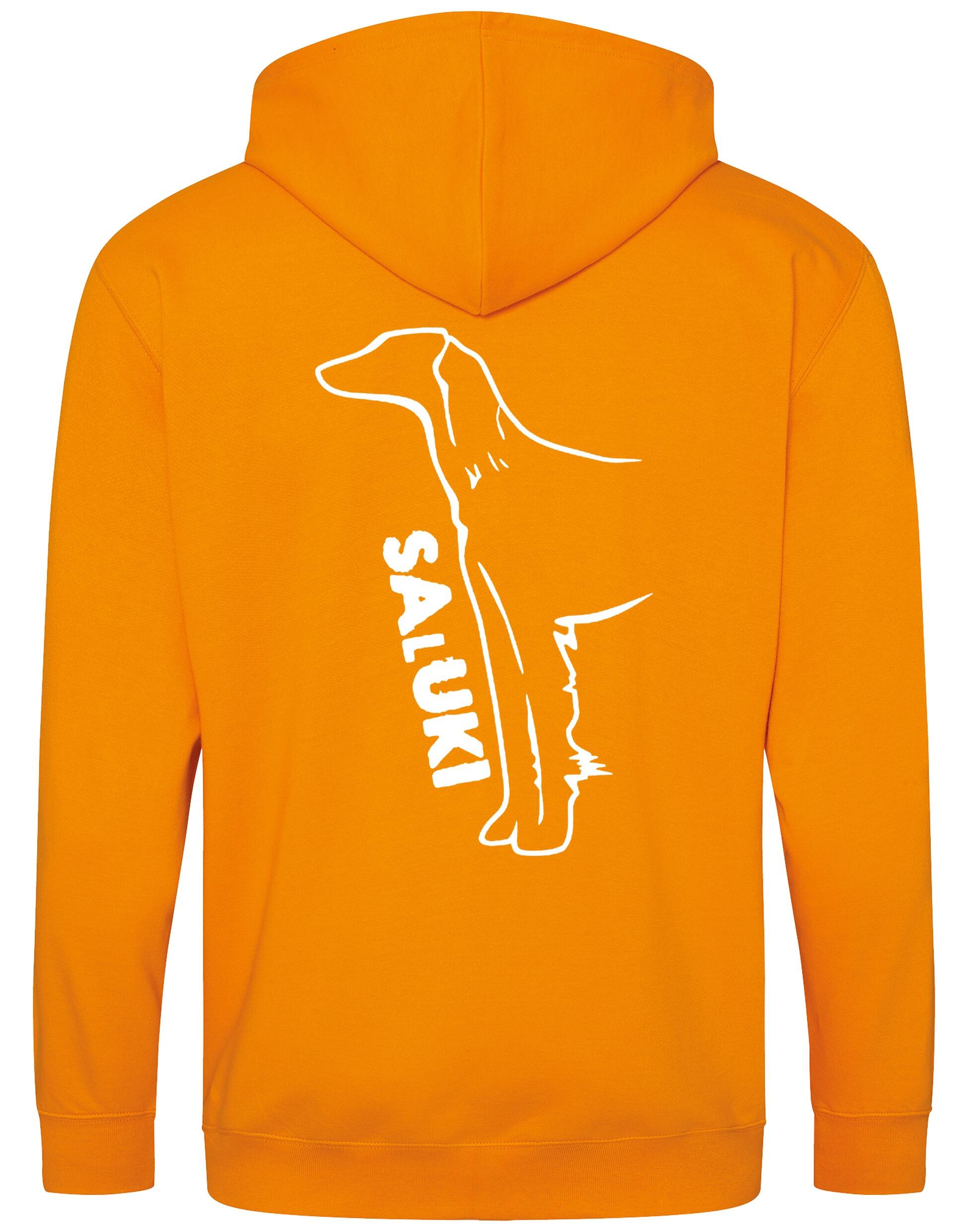 Saluki Zipped Hoodie featuring exclusive breed artwork, soft fleece interior, heavy-blend fabric, full-zip closure, double-fabric hood, spacious front pockets, and personalization options for breed enthusiasts.